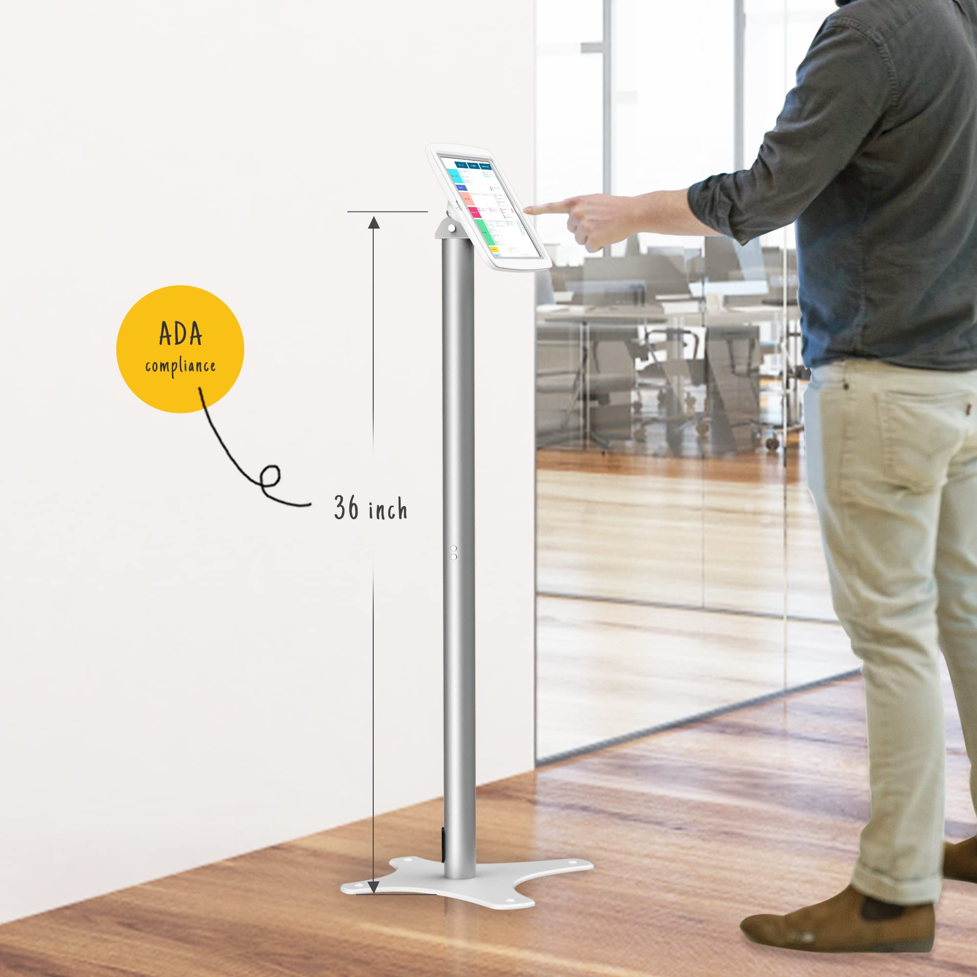 Beelta Tablet Kiosk Floor Stand Adjustable - Compatible with 10.2" iPad 7 8 9th, 120 Degree Rotate Lockable Tablet Enclosure+Aluminum Pole+Metal Base