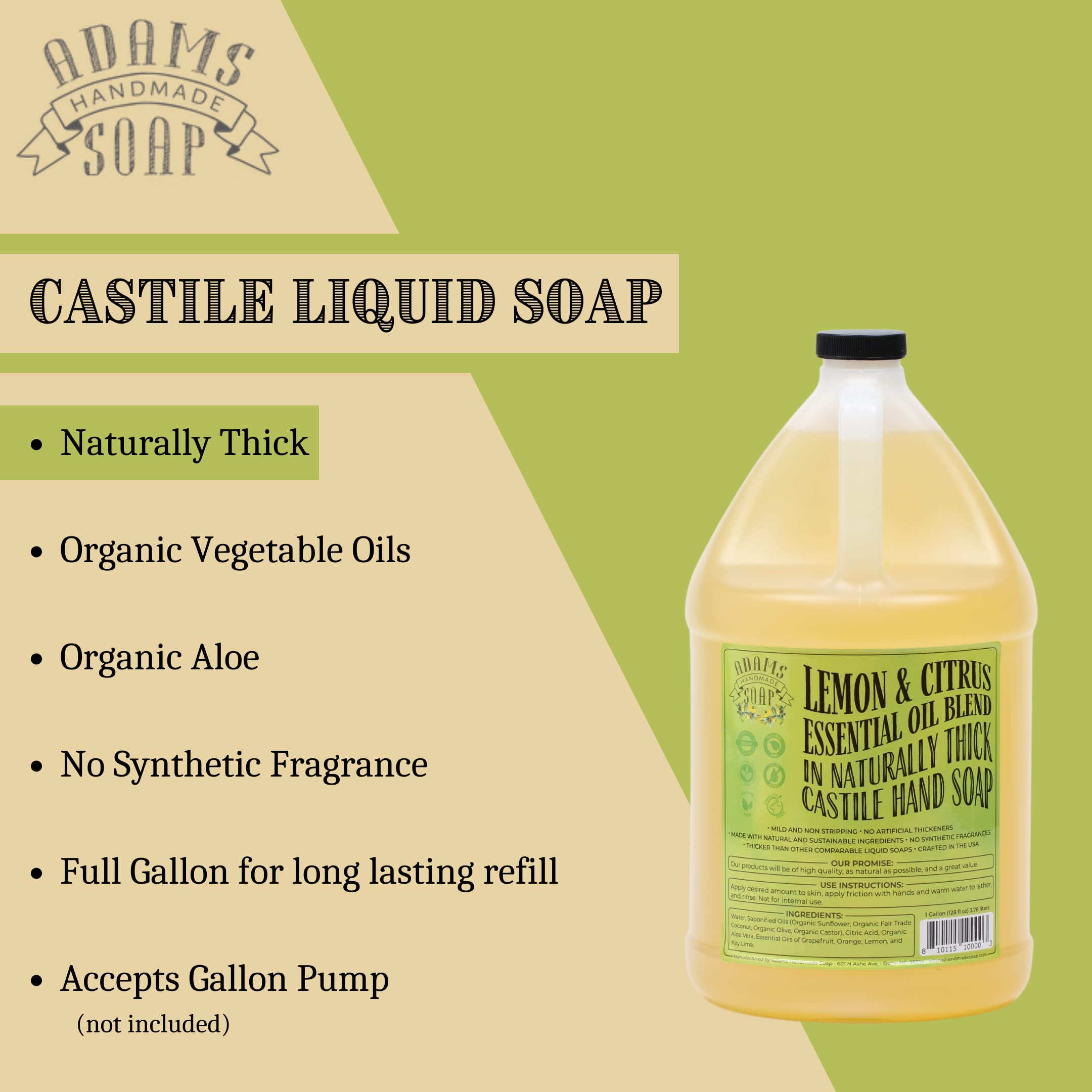 Adams Handmade Soap Thick Organic Castile Liquid Hand Soap 1 Gallon Refill - Citrus