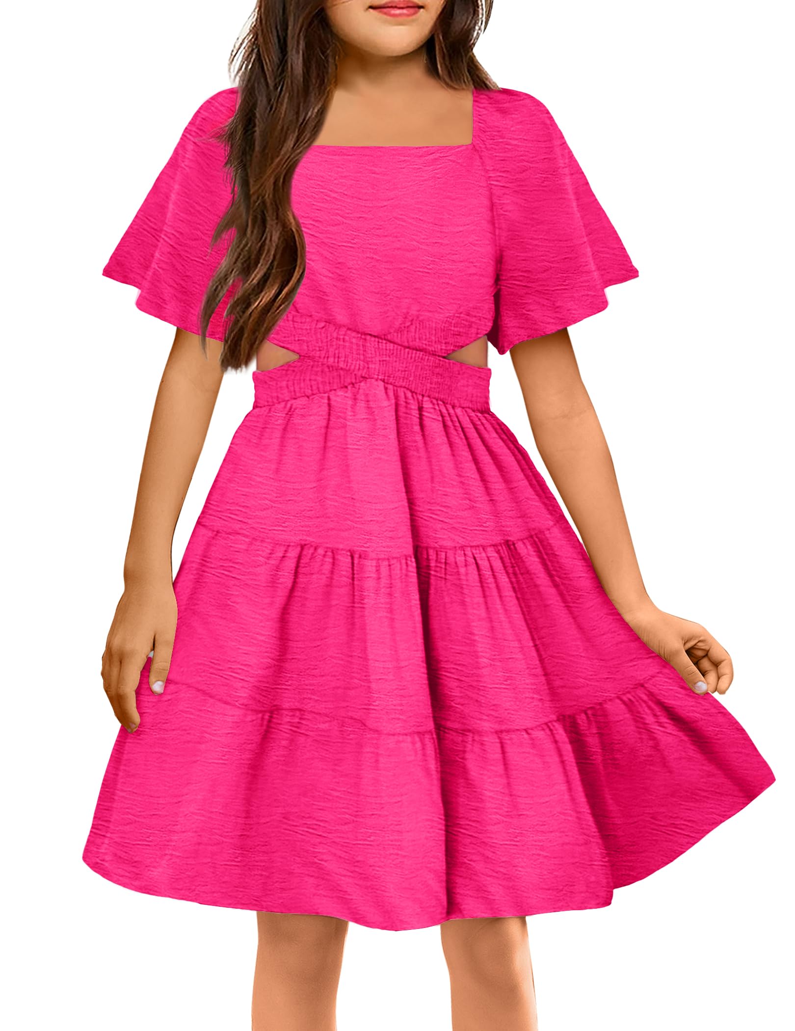 Arshiner Girls Dress Cut Out Shirred Ruffle Hem Summer Hot Pink Party Dresses 7-8