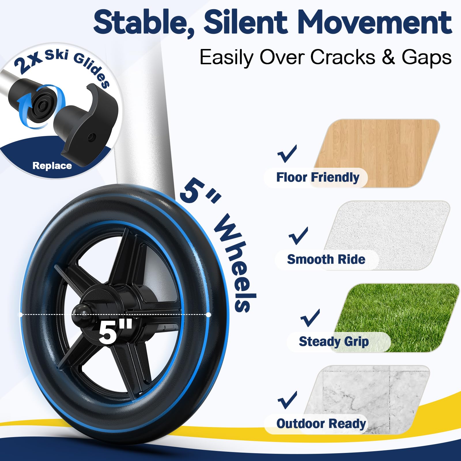 HolyHeal Folding Walker with 2 Precut Tennis Balls, Lightweight Walkers for Seniors with Wheels, Support Up to 350 lbs, Height Adjustable Standard Compact Walker & Ski Glides