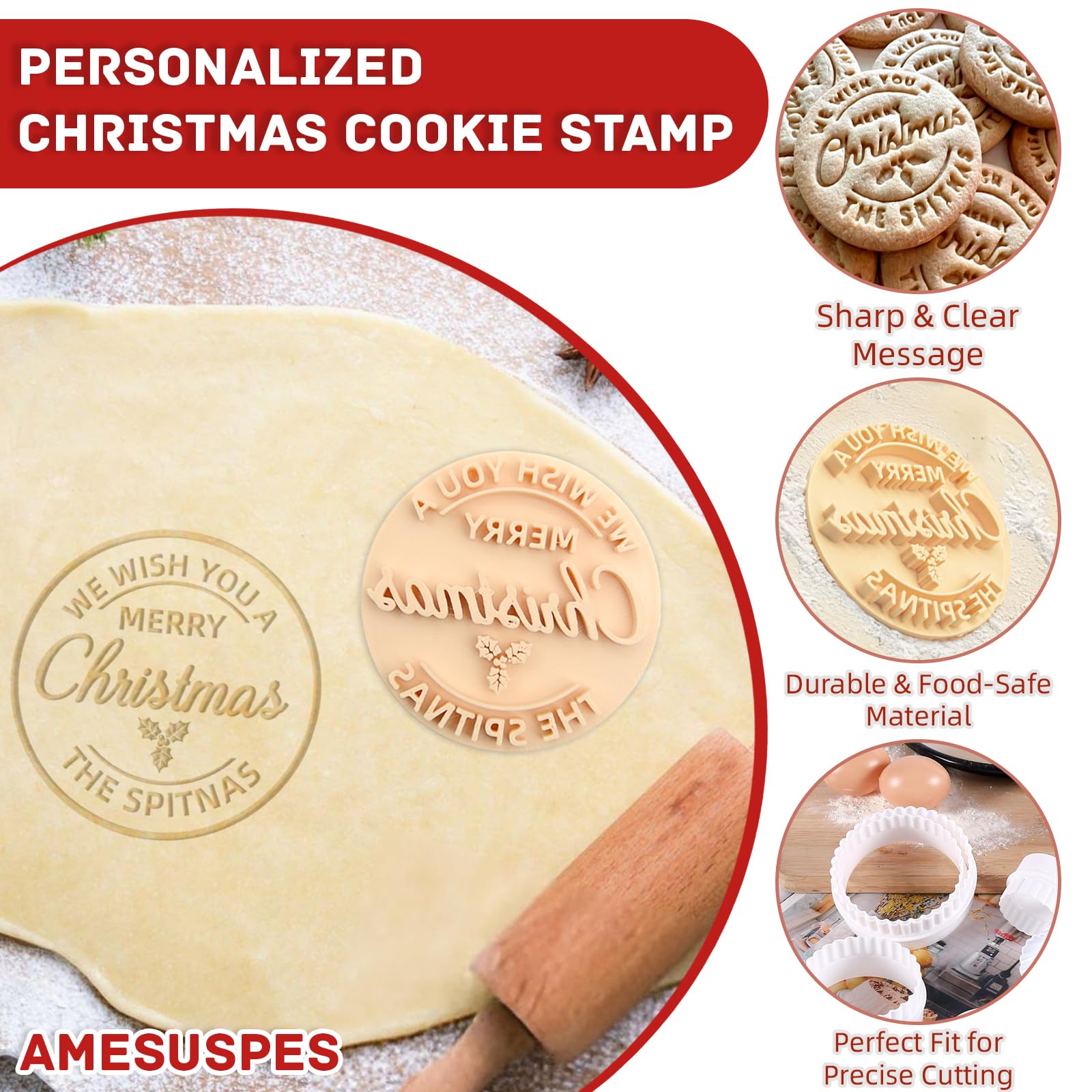 3 Piece Personalized Christmas Cookie Stamp with Cutter, Custom Merry Christmas Cookies with Your Family's Last Name, Handcrafted Gift for Baking, Holiday Decorating, Bakers, Christmas,Grandma