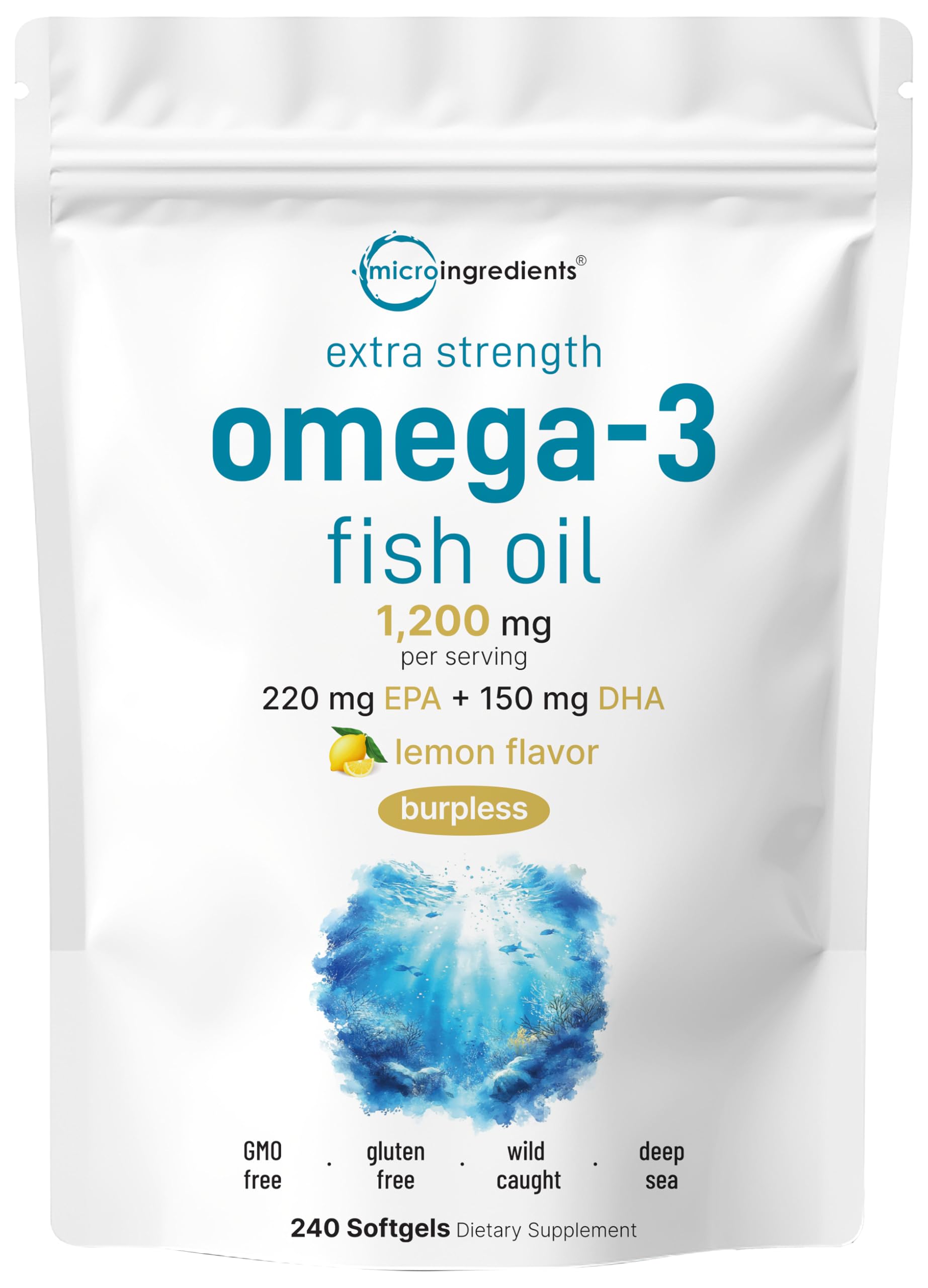 Micro Ingredients Extra Strength Omega 3 Fish Oil Supplements 1,200mg Per Serving, 240 Softgels | Lemon Flavored | Burpless | Essential Fatty Acids | EPA 220mg + DHA 150mg | Deep Sea Fish