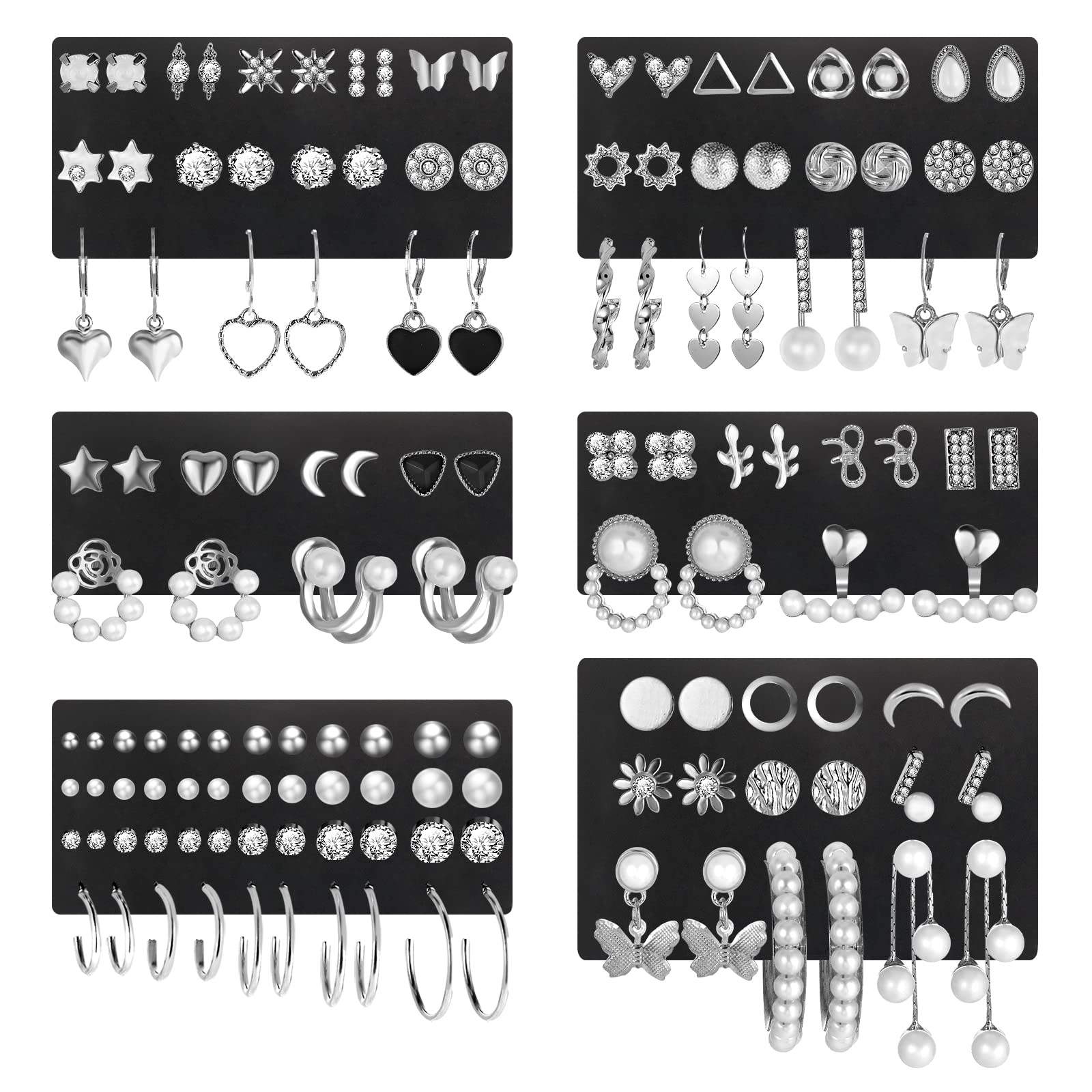 68 Pairs Silver Stud Earrings for Women Multipack, Hypoallergenic Assorted Girls Earring Set Multiple Piercings,Cubic Zirconia Pearl Butterfly Stud Hoop Earring Pack