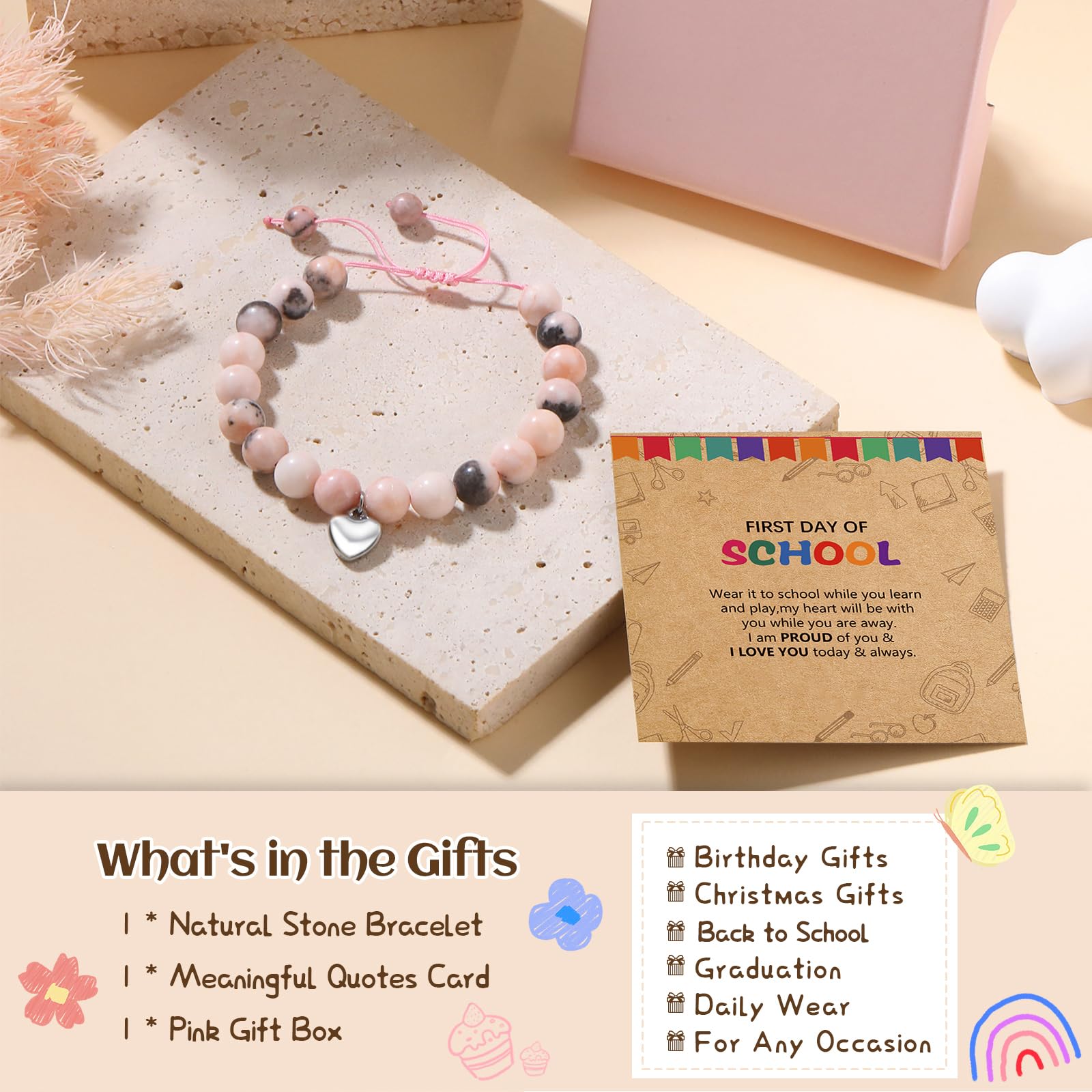 Alissl Back to School Gifts for Girls, Adjustable Pink Natural Stone Bracelet with Sweet Heart Charm Gifts for Teen Girls Daughter Granddaughter Niece