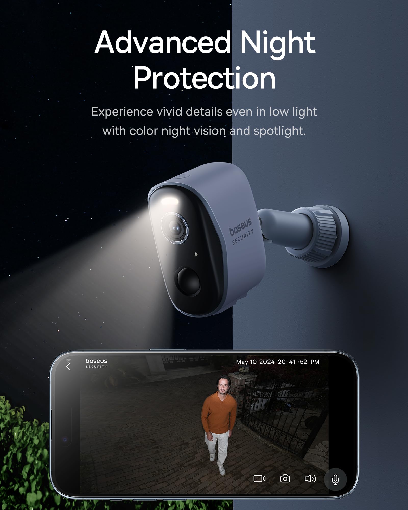 Baseus Wireless Cameras for Home Security, N1 2K HD 2-Cam Kit, No Subscription Fee, 210-Day Battery Life, 16TB Expandable Local Storage, 145° FOV, Color Night Vision, Spotlight & Alarm