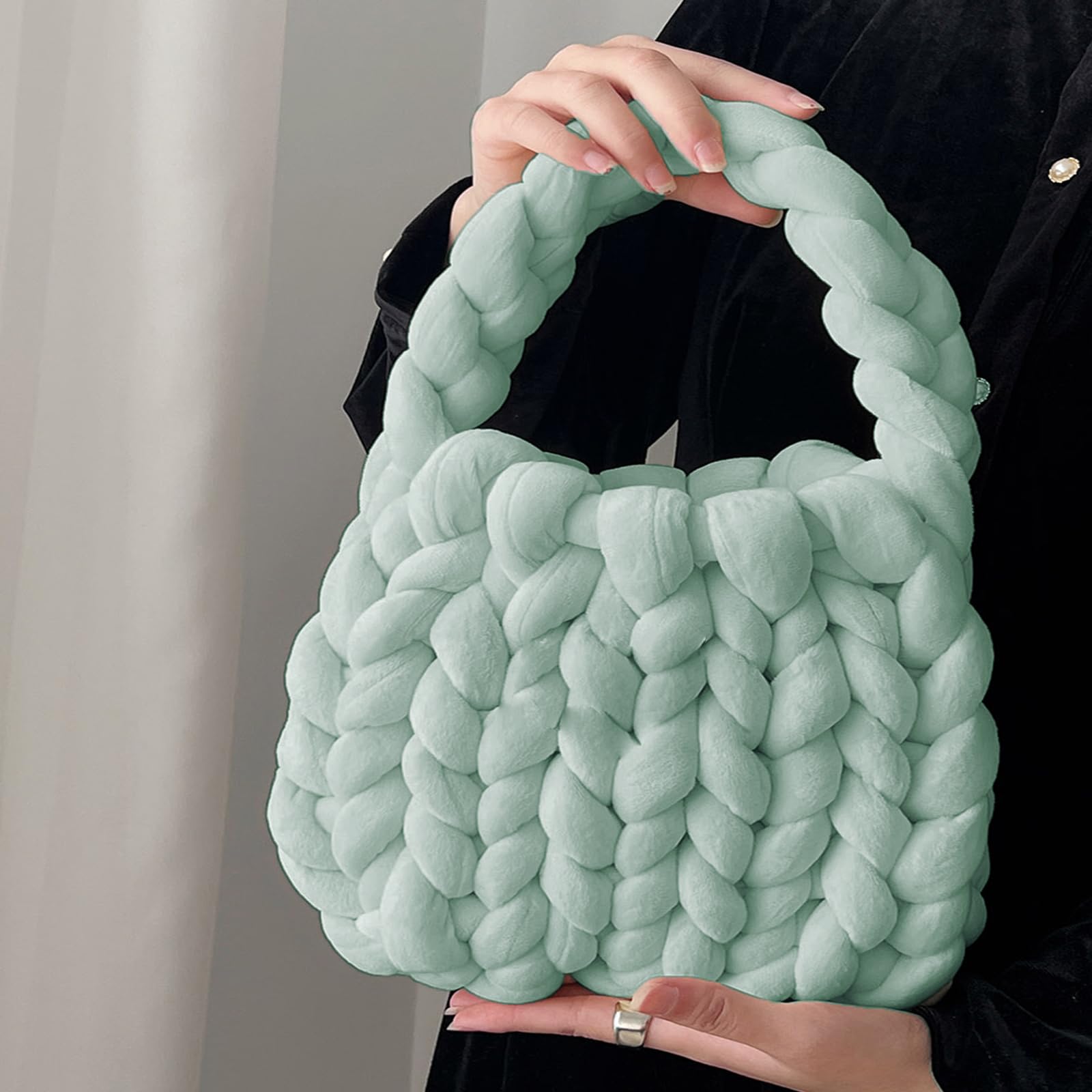 Handwoven Tote Bags for Women Chunky Yarn Knit Shoulder Bag Handmade Braided Purse(Emerald)