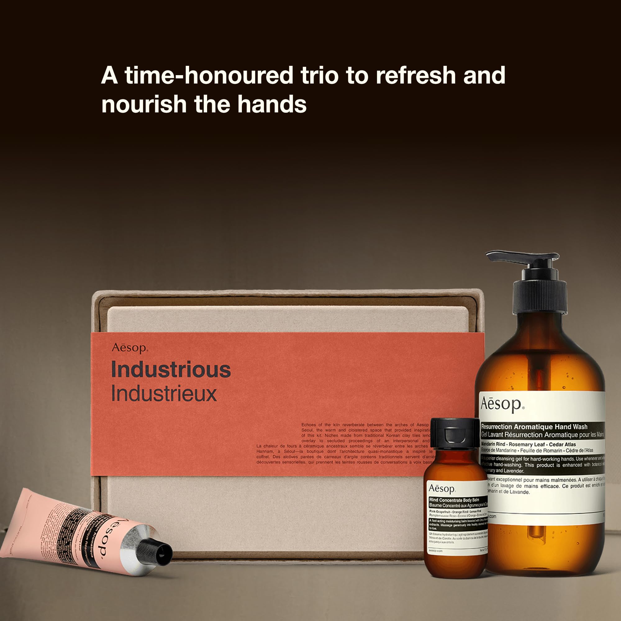 Aesop Industrious Gift Kit - Resurrection Aromatique Hand Wash (16.9 fl oz), Resurrection Aromatique Hand Balm (2.6 oz) & Resurrection Rinse-Free Hand Wash (1.6 fl oz) | Paraben, Cruelty-free & Vegan