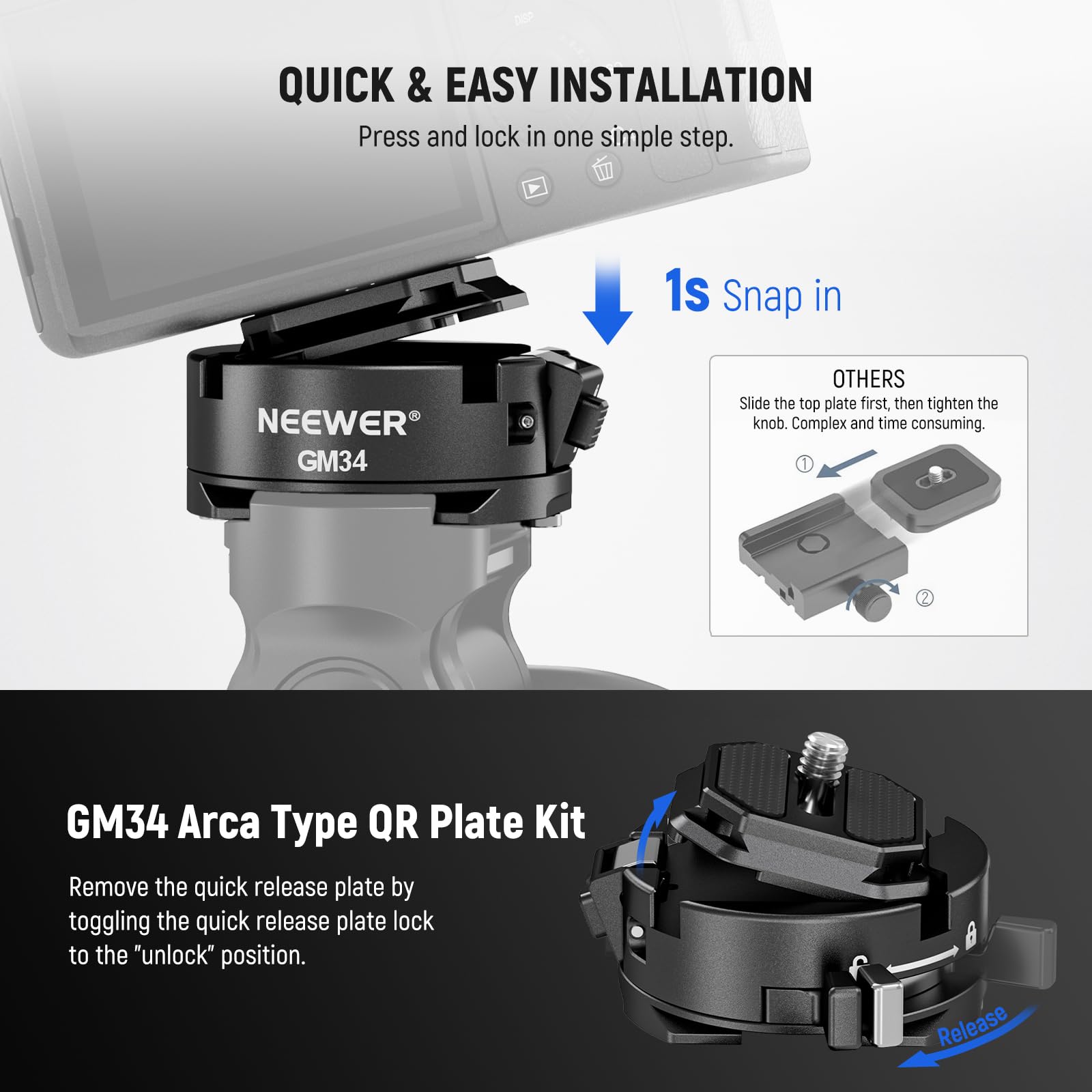 Neewer GM34 Camera Quick Release Plate Kit, Quick Switch Auto Lock Square QR Mount Plate with Arca Type Clamp Base, Compatible with Arca Swiss Peak Design Capture V3 Camera Clip, Max Load 11lb/5kg