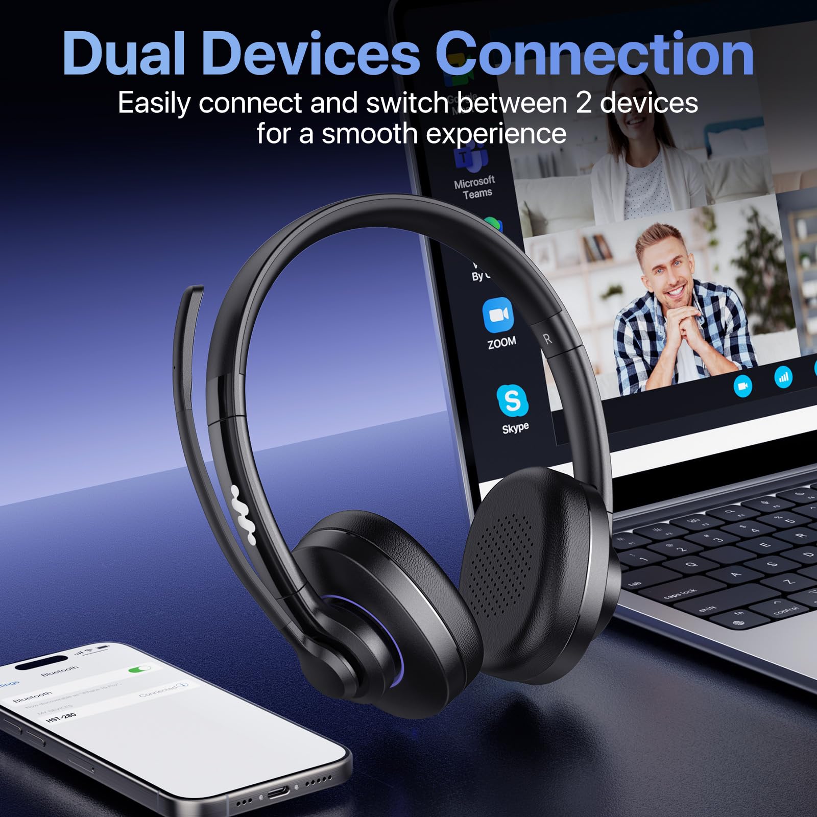 Necode Bluetooth Headset, Wireless Headset with Noise Cancelling Microphone & Mic Mute, 55Hrs Working Time On Ear Bluetooth V5.3 Headphones for Cell Phones Laptop Computer