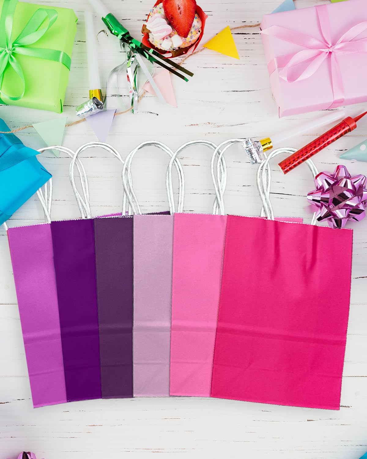 qiqee 30PCS Small Gift Bag with Handles Bulk 8.3"x6"x3" Gift Bags 6 Different Pink ＆ Purple Color Bags Multiple Uses (Small Size)