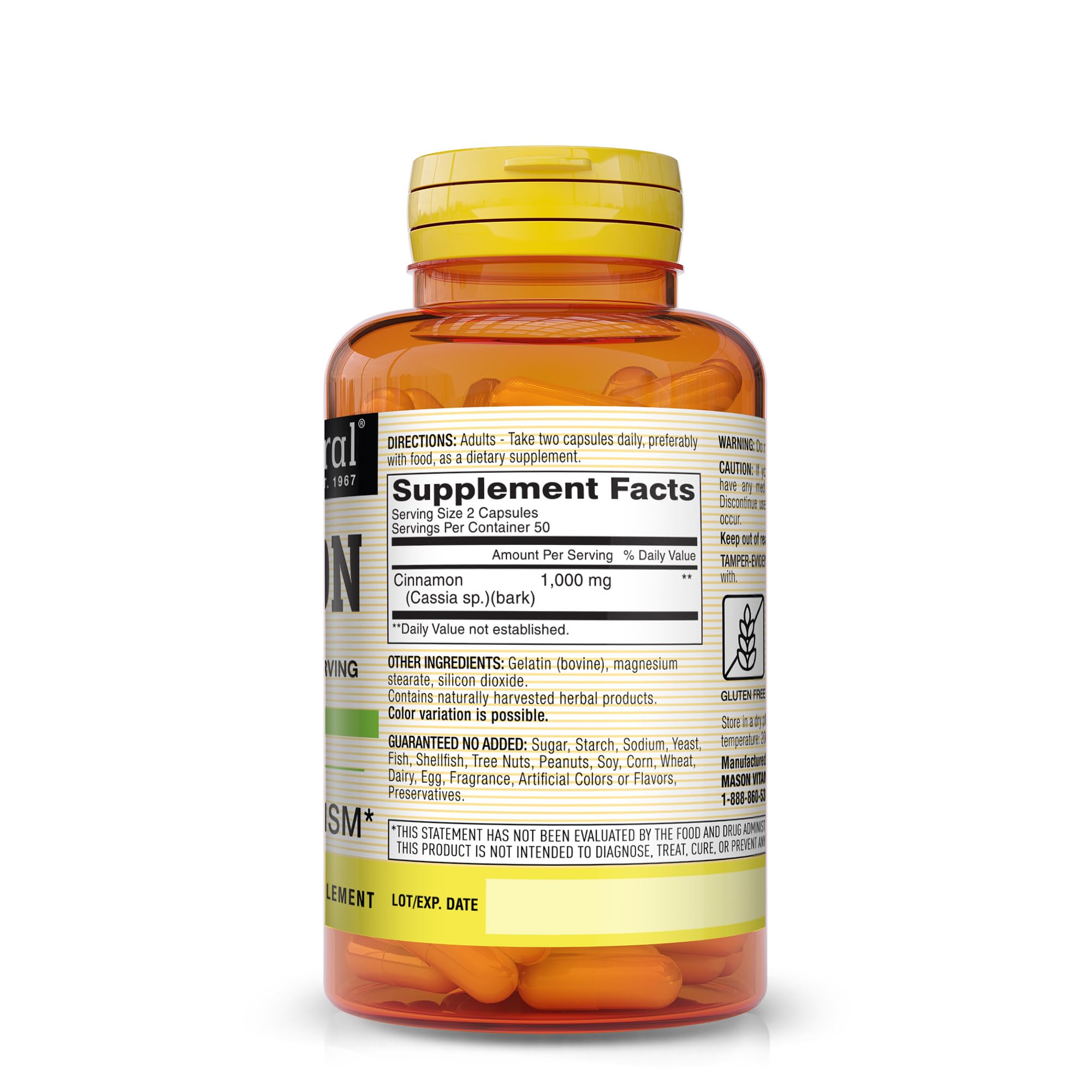 MASON NATURAL Cinnamom 1000 mg Natural Dietary Supplement Capsules, 100 Ea