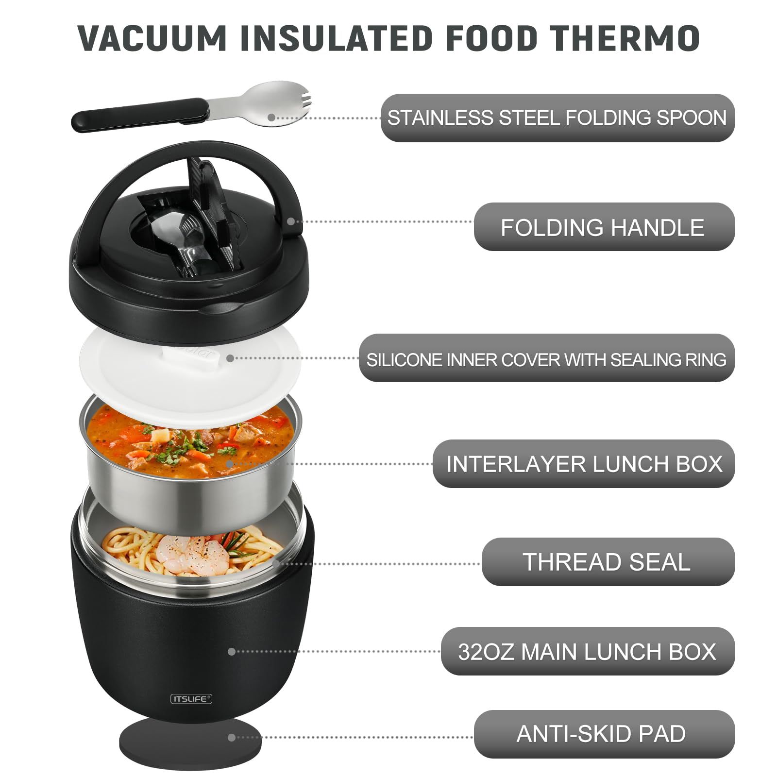 Soup Thermo for Hot Food Adults 32OZ Lunch Containers Wide Mouth Hot Food Jar Vacuum Insulated Stainless Steel Bento Box Leakproof with Spoon (Black)