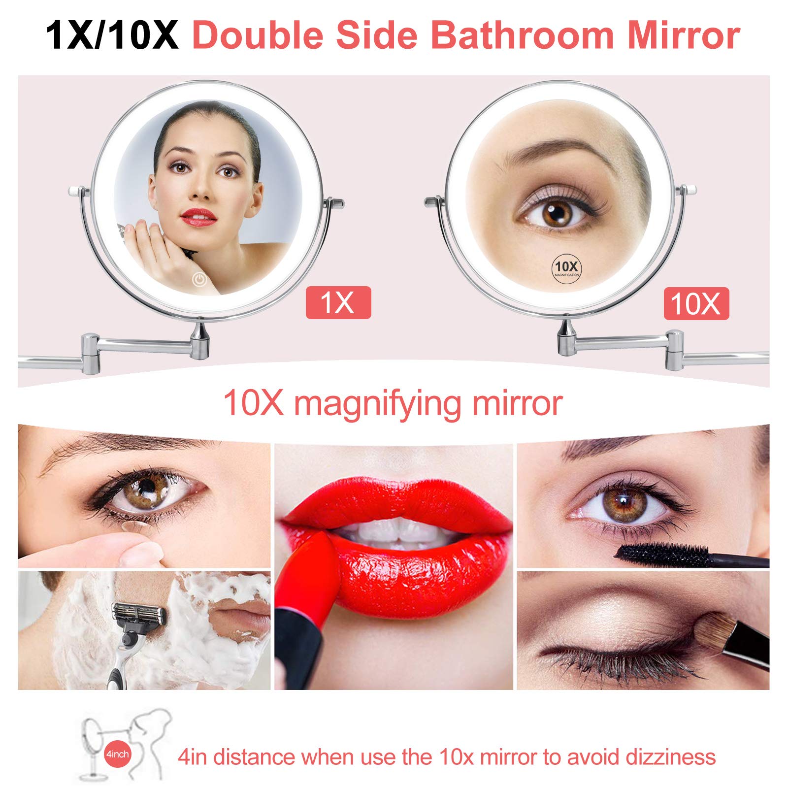 Rechargeable Wall Mounted Lighted Makeup Vanity Mirror 8 Inch Double Sided 1X 10X Magnifying Bathroom Mirror, 3 Color Lighting, Touch Screen Dimming, Extended Arm 360 Rotation Shaving Light up Mirror