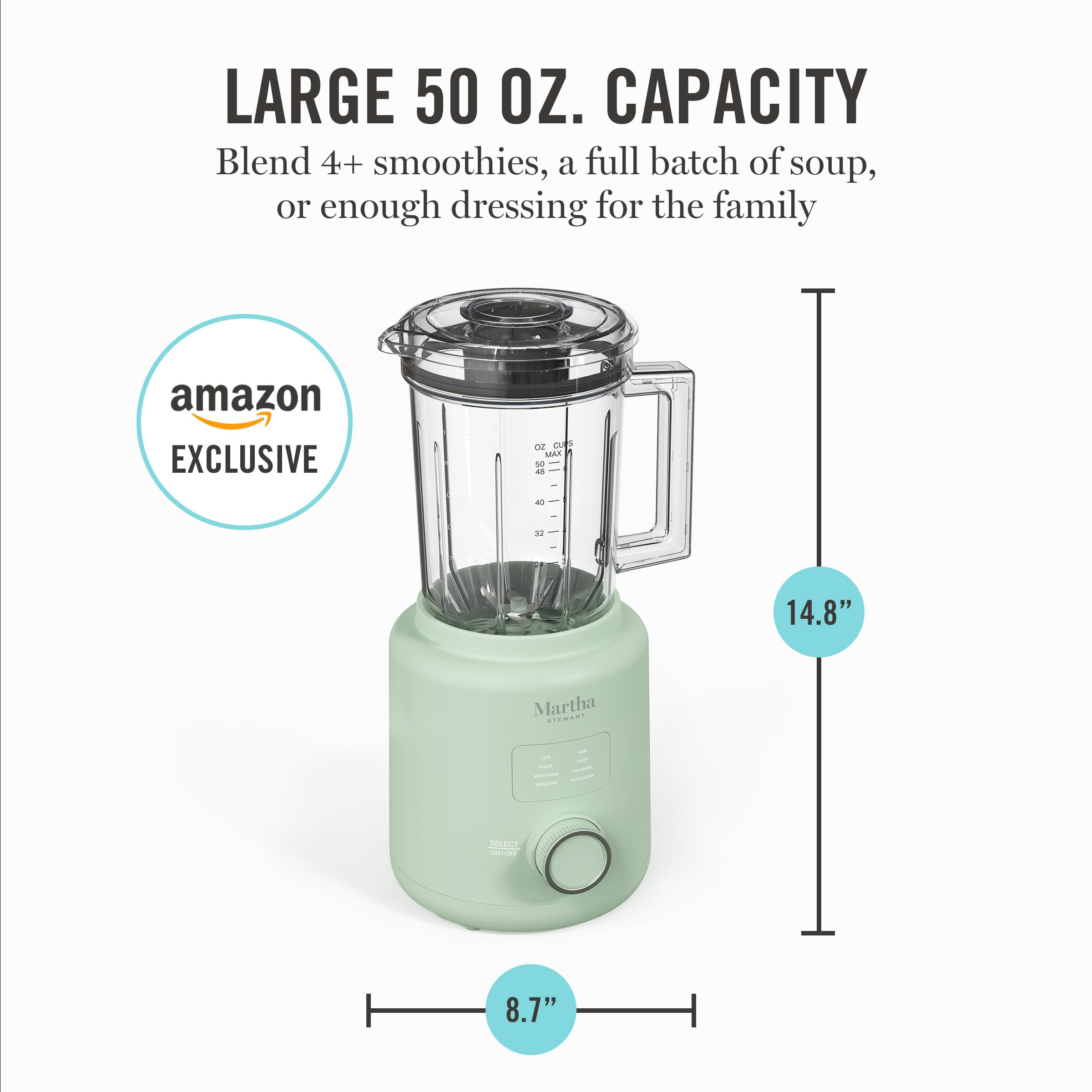Martha Stewart Countertop Blender, 50oz Jar, 6 Stainless Steel Blades 3 Speeds & 5 Presets, Auto Clean, Smoothies, Crush Ice, Shakes, Chop, Margarita, Measurement Markings, 700W, Honeydew Green