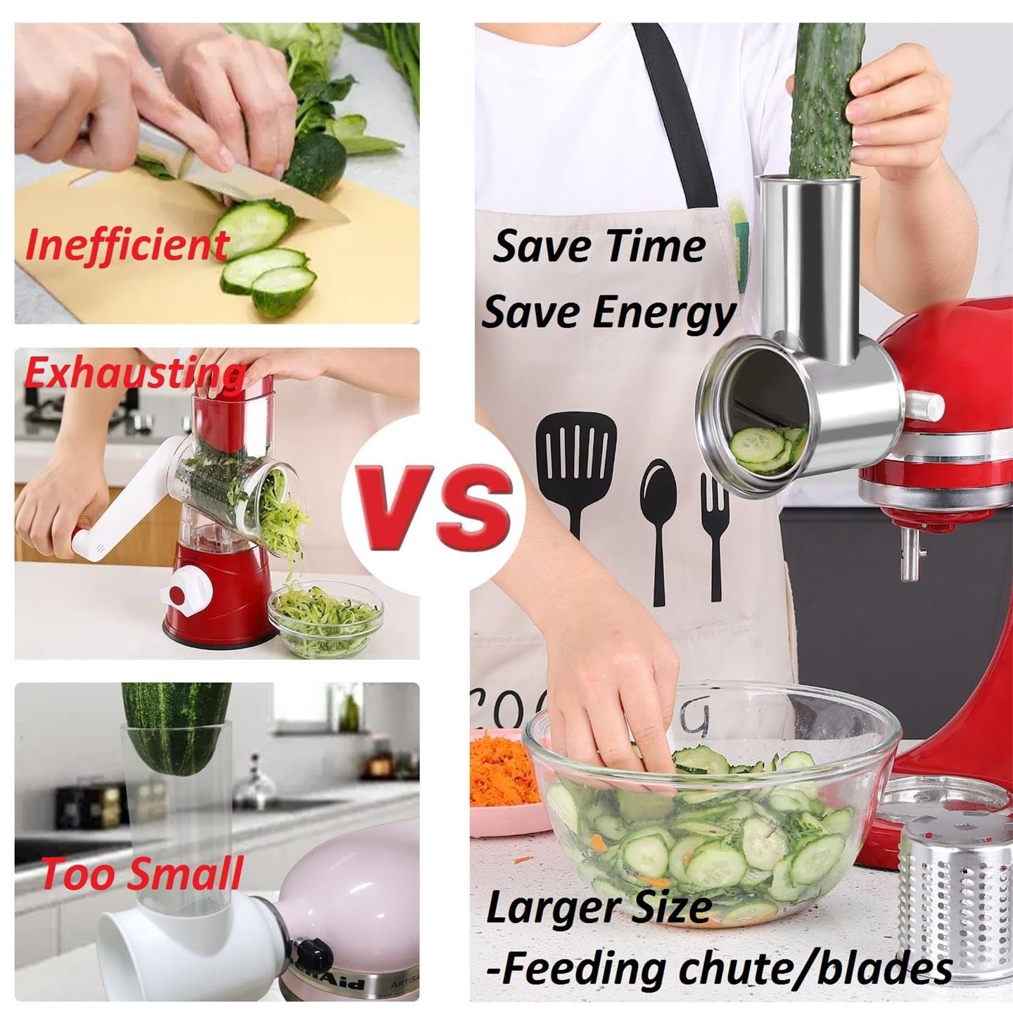 FavorKit Large Stainless Steel Slicer Shredder Attachment for KitchenAid Mixers, Dishwasher Safe, Rotary Salad Maker/Cheese Grater Accessories with 3 Drum Blades and 1 Knob Thumb Screw