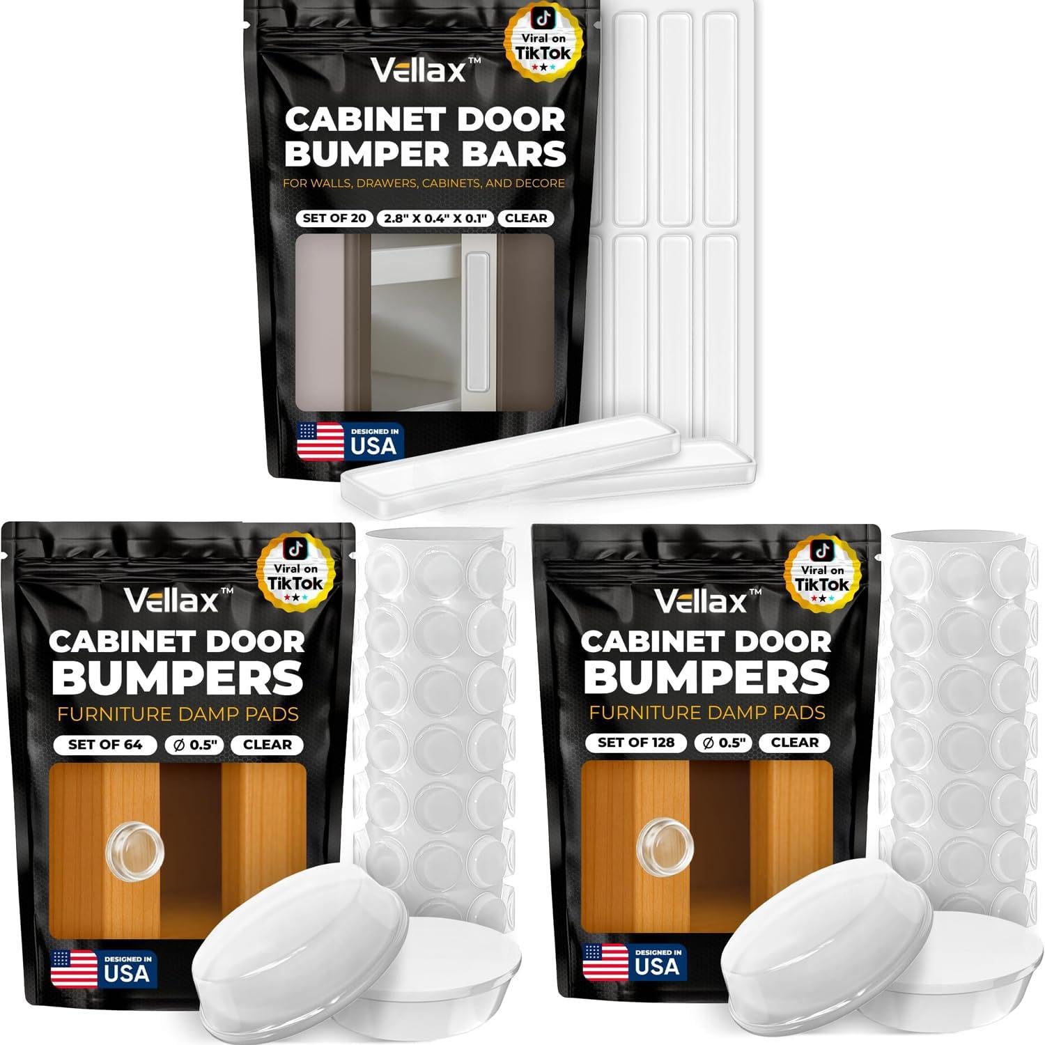 Vellax 128 & 64 Clear Cabinet Door Bumpers & 20 Clear Silicone Bumper Strips - 1/2 Inch Self Adhesive Rubber Stoppers for Drawers, Damp Pads Cupboards, Cutting Boards, Glass Tops, Picture Frames
