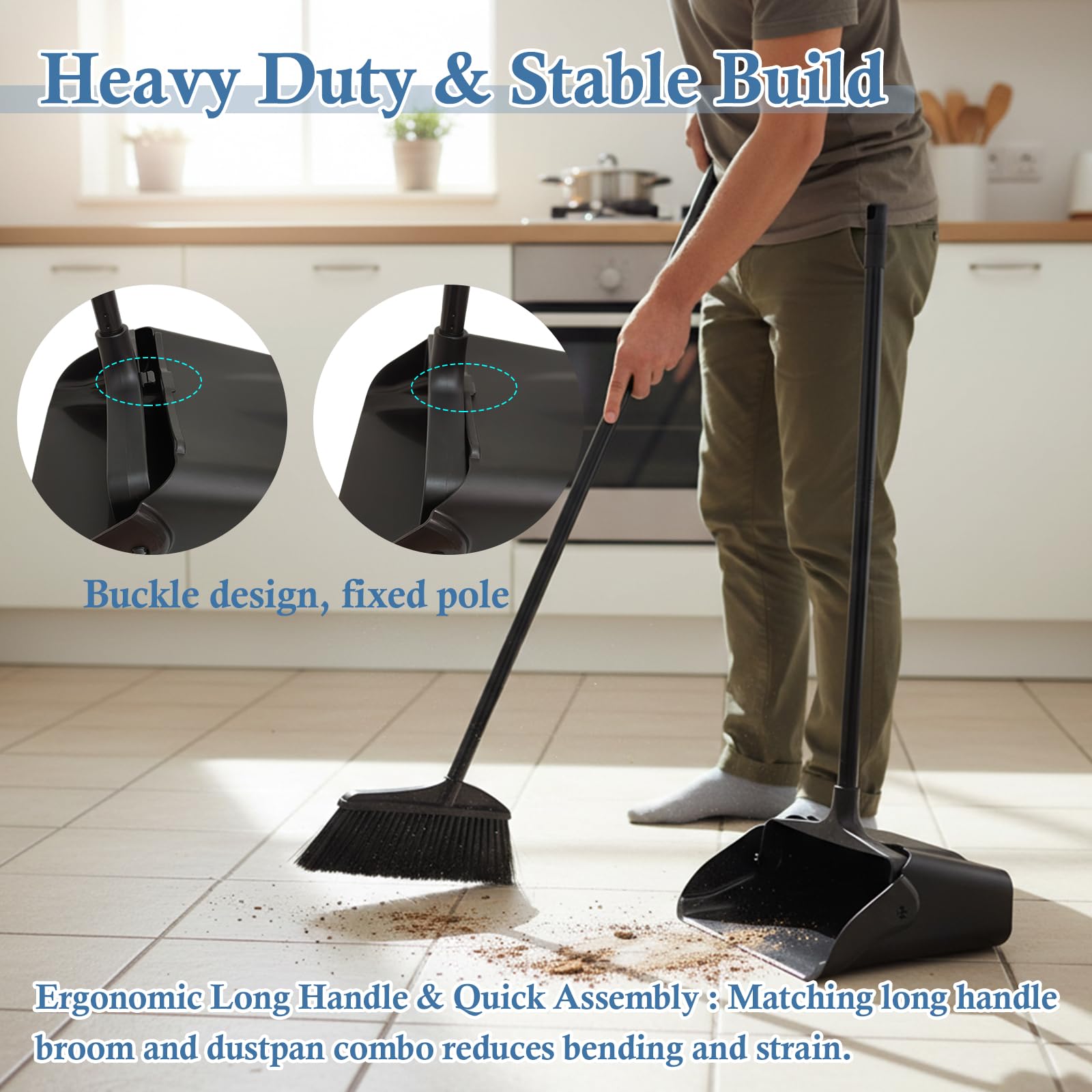 Primero Basics Broom and Dustpan Set with Long Handle and Wheels, Upright Standing Heavy Duty Large Dust Pan and Broom Combo for Indoor Outdoor, Kitchen, Garage, Restaurant Cleaning – Black