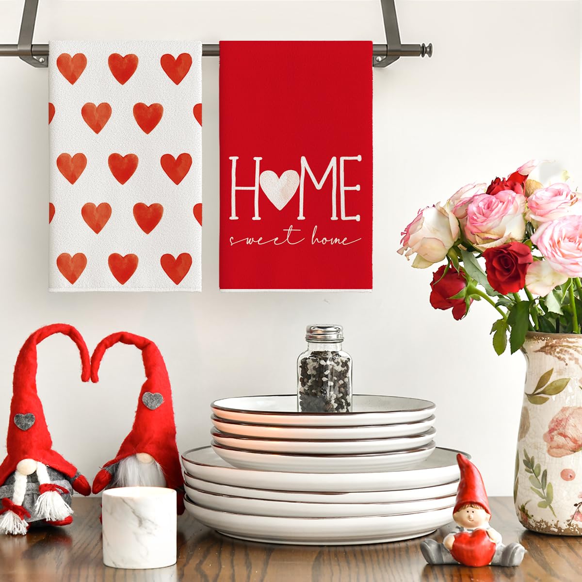 Artoid Mode Red Heart Love Valentine's Day Kitchen Towels Dish Towels, 18x26 Inch Farmhouse Anniversary Wedding Decoration Hand Towels Set of 4