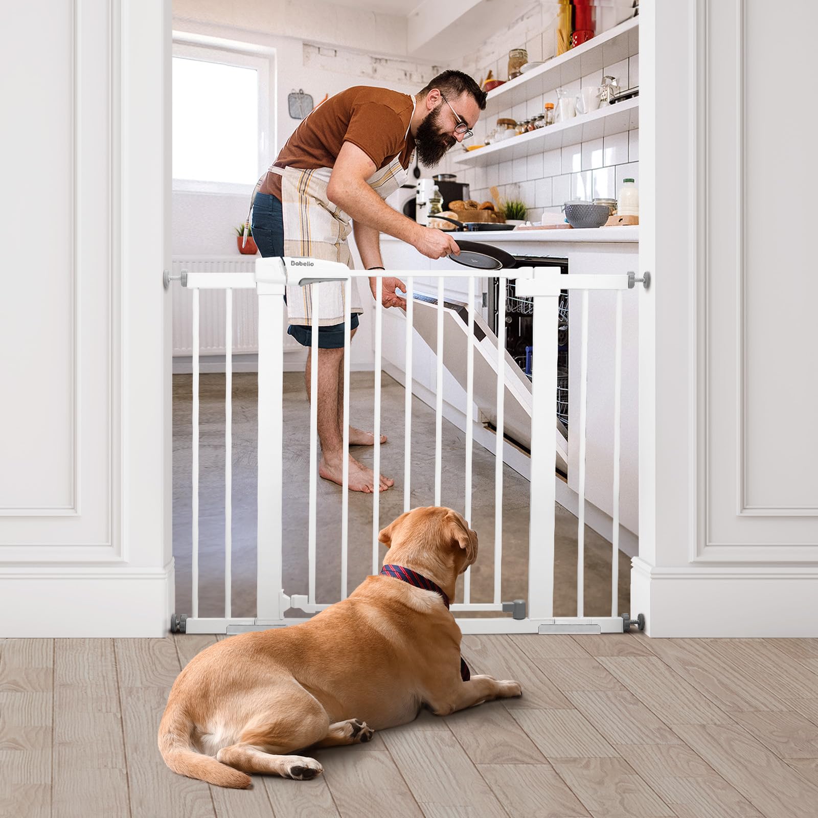 Babelio Metal Baby Gate, 29-43'' Auto Close Easy Install Pet Gate, Extra Wide Walk Thru Child Safety Gate, 30'' Tall Pressure Mounted Dog Gate for Doorways & Stairs, White