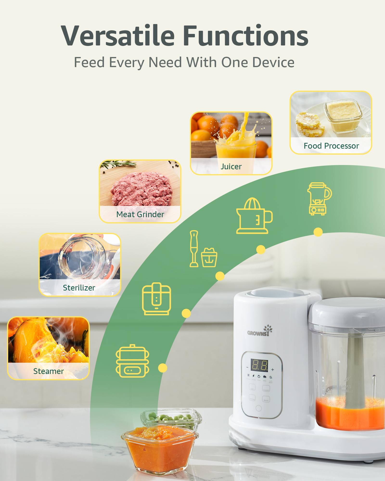 GROWNSY Baby Food Maker | Baby food Processor | All-in-One Baby Food Puree Blender Steamer Grinder Mills Machine Auto Cooking & Grinding with Self Cleans Touch Screen LCD Display, BPA Free