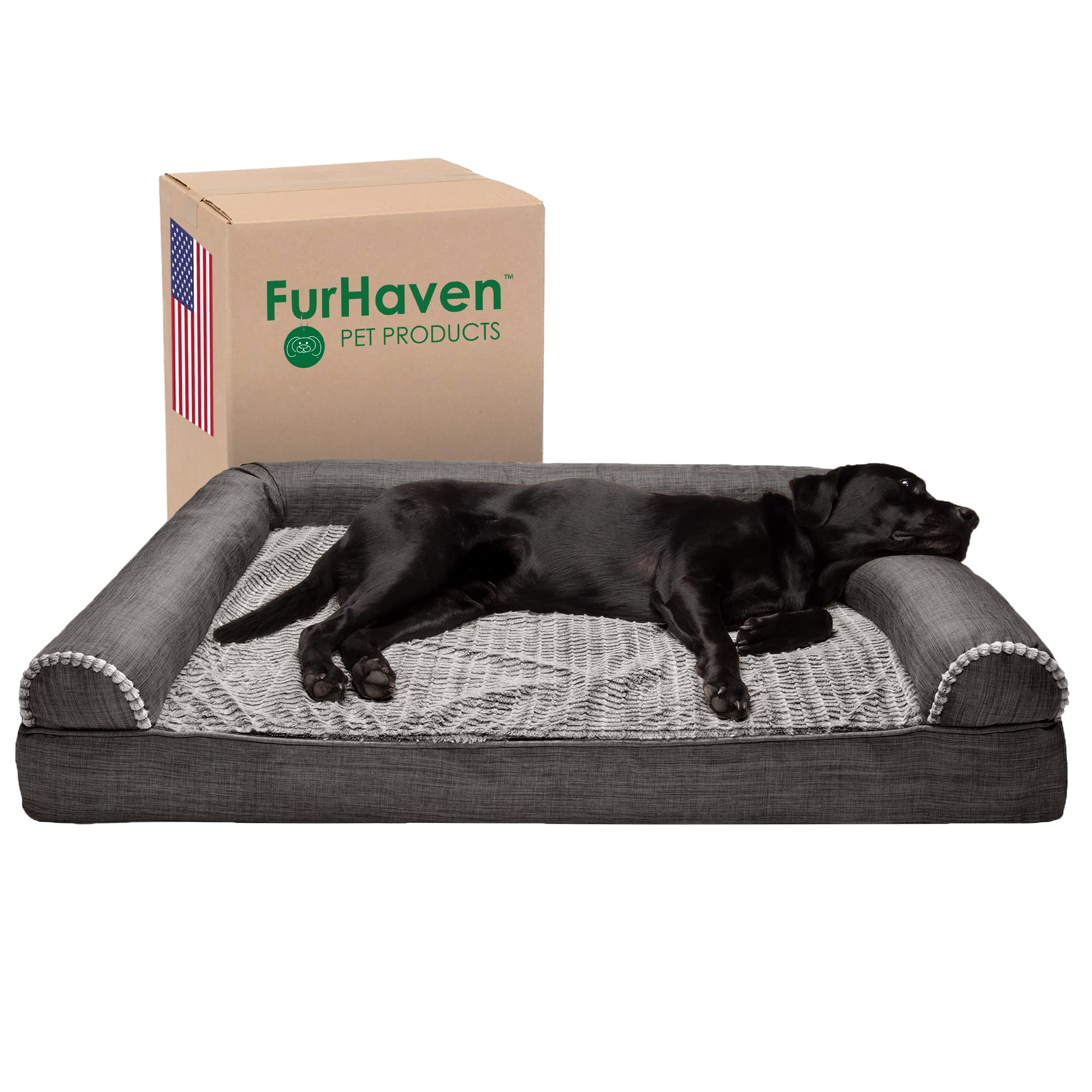 Furhaven Orthopedic Dog Bed for Large Dogs w/ Removable Bolsters & Washable Cover, For Dogs Up to 125 lbs - Luxe Faux Fur & Performance Linen Sofa - Charcoal, Jumbo Plus/XXL