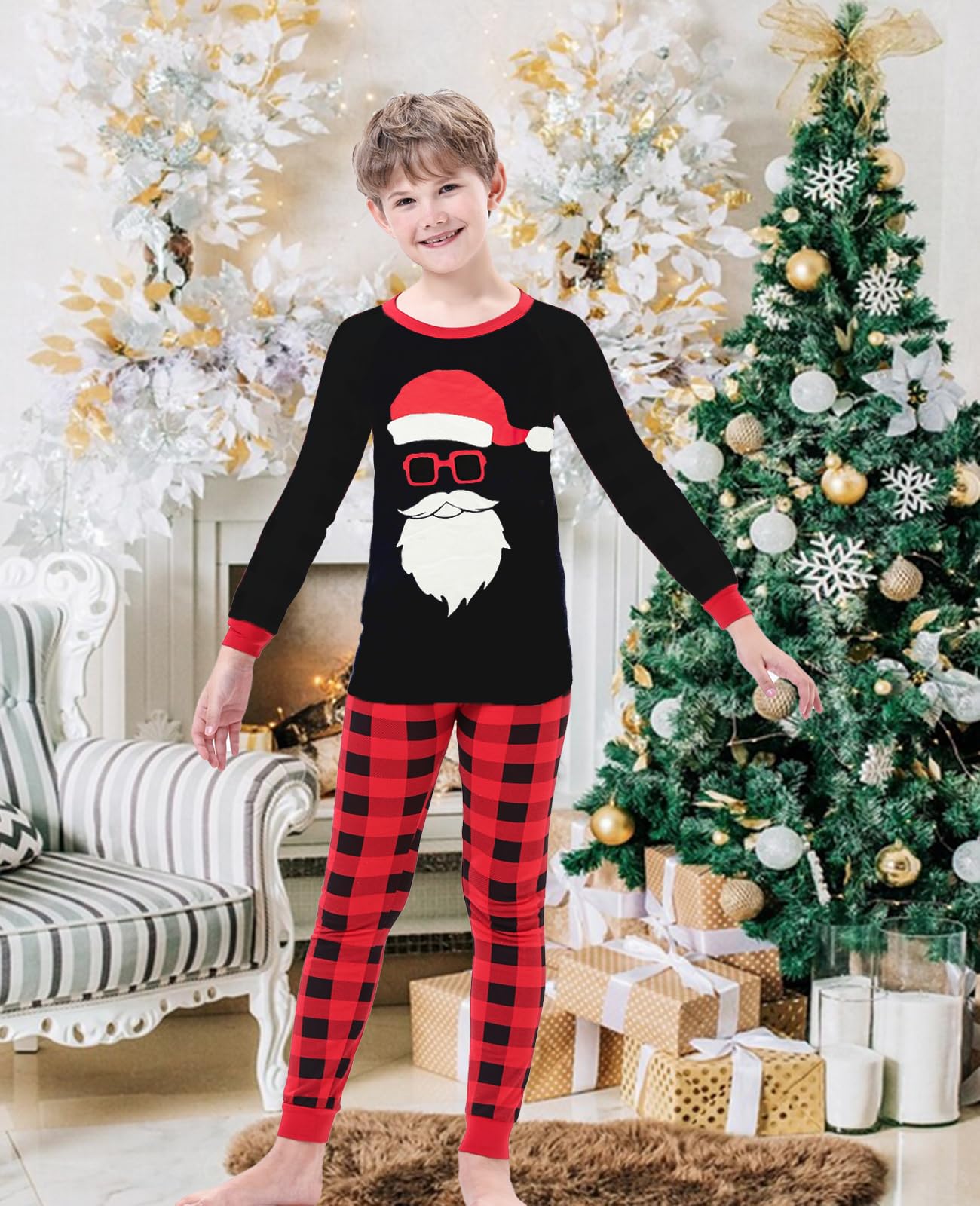 Demifill Christmas Family Matching Santa Claus Pajamas Holiday Long Sleeve Pajamas Women L Red&Black