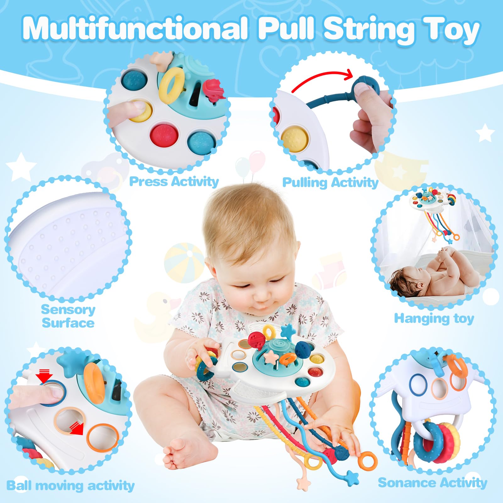 5 in 1 Montessori Toys for Babies 0-3-6-12 Months, Soft Baby Teething Toys, Sensory Bin Toy, Stacking Building Blocks & Rings for Infants,Developmental Toys for Toddler,Gift for Baby 12-18 Months