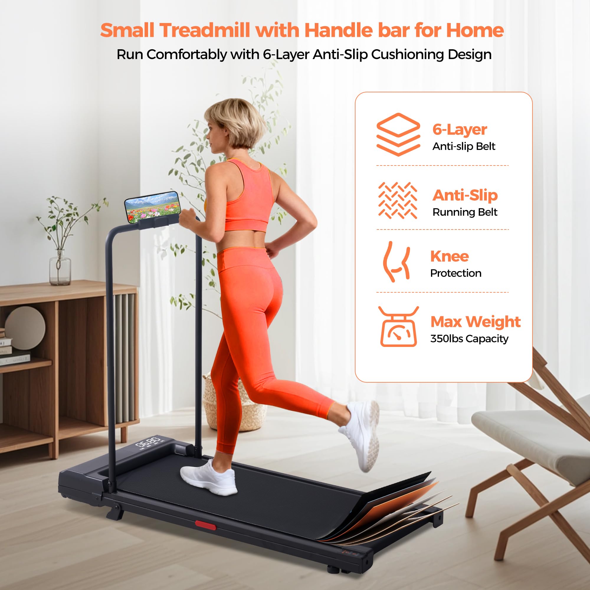 SUOUER Walking Pad with Incline and Handle Bar, Compact Portable Walking Pad Treadmills for Home/Apartment with Handles,3.0HP Small Electric Treadmill with Incline for Small Space, 0.6-7.6MPH, 350LBS
