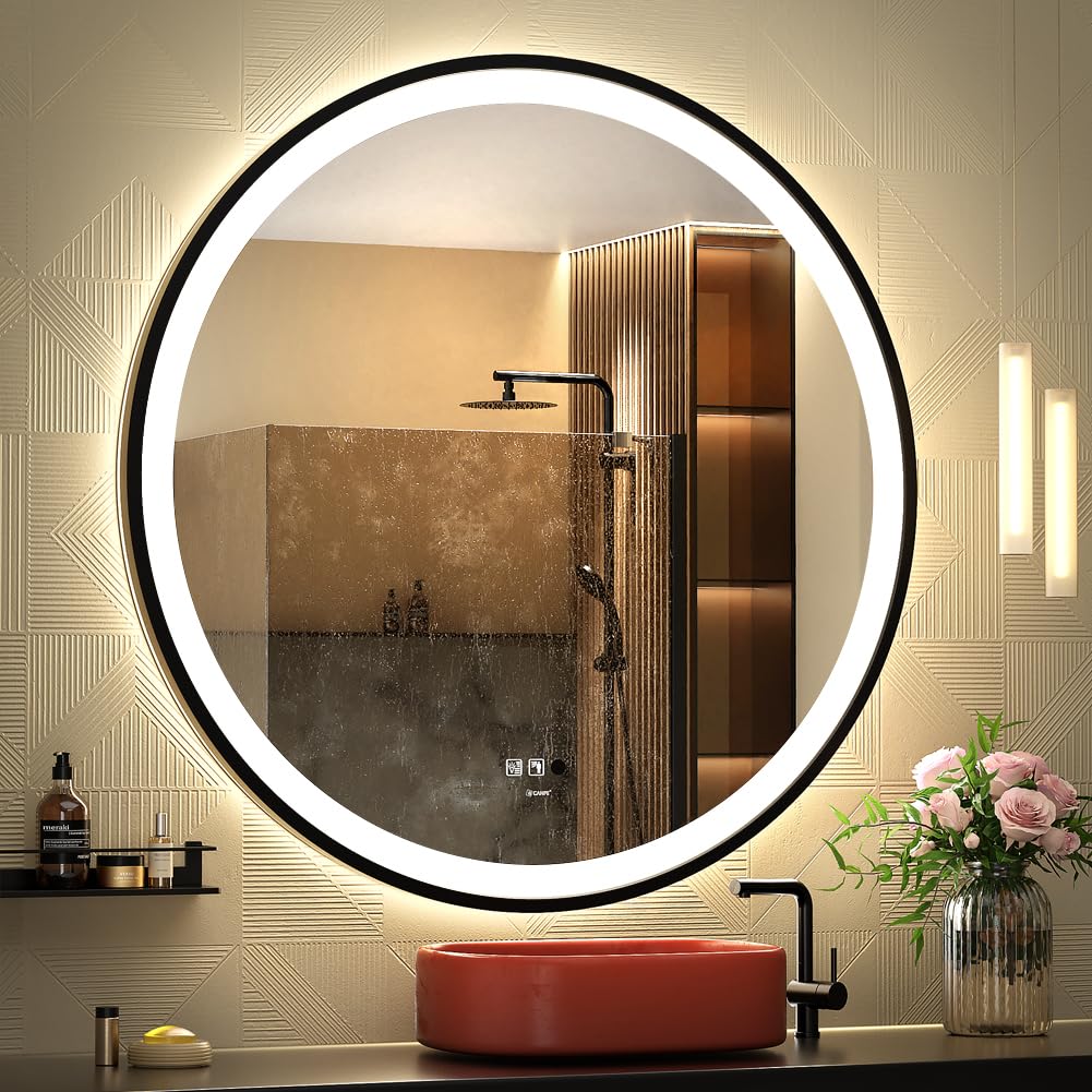 GANPE LED Sensor Mirror, Round Human Body Induction, Black Framed Vanity Mirror, Illuminated Dimmable Anti Fog IP44 Waterproof Wall Mounted Mirror (32" L x 32" W)