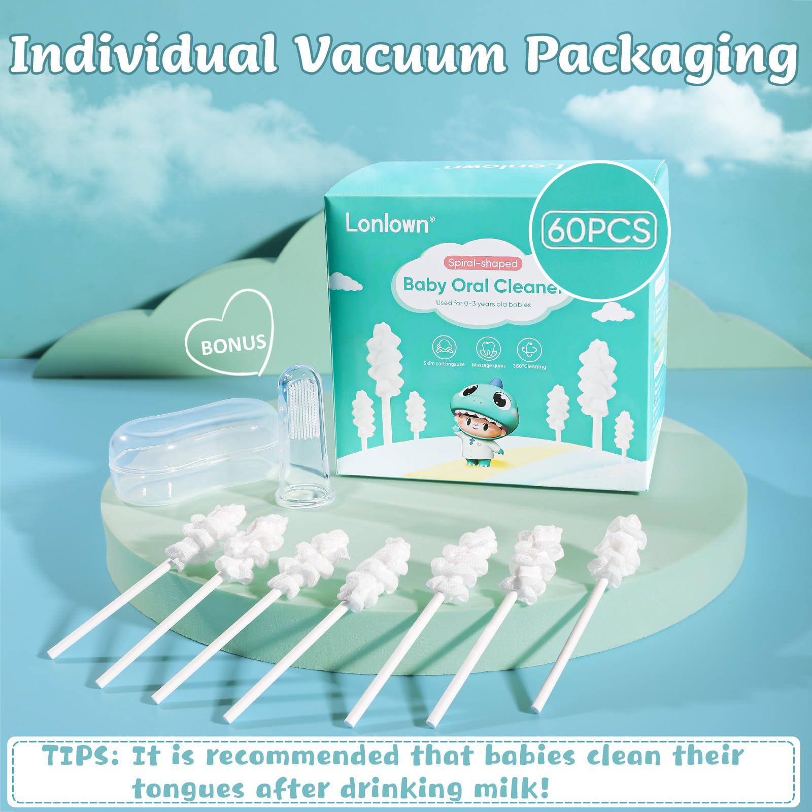 Lonlown 60PCS Baby Tongue Cleaner & 1PCS Finger Toothbrush Infant Mouth Cleaner Newborn Gum Cleaner Disposable Infant Oral Clean Stick Dental Care for 0-36 Month Baby