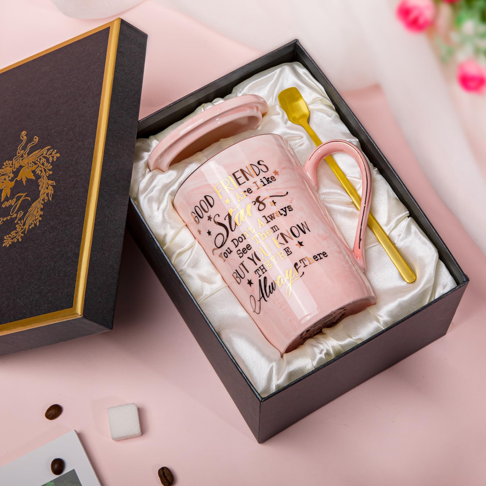 Best Friends, Friendship Gifts for Women Birthday Christmas Gifts for Women Unique Birthday Gifts Ideas for Her, Friends Female, Besties, BFF Ceramic Marble Coffee Mug Gift Box Printed Gold 14 oz Pink