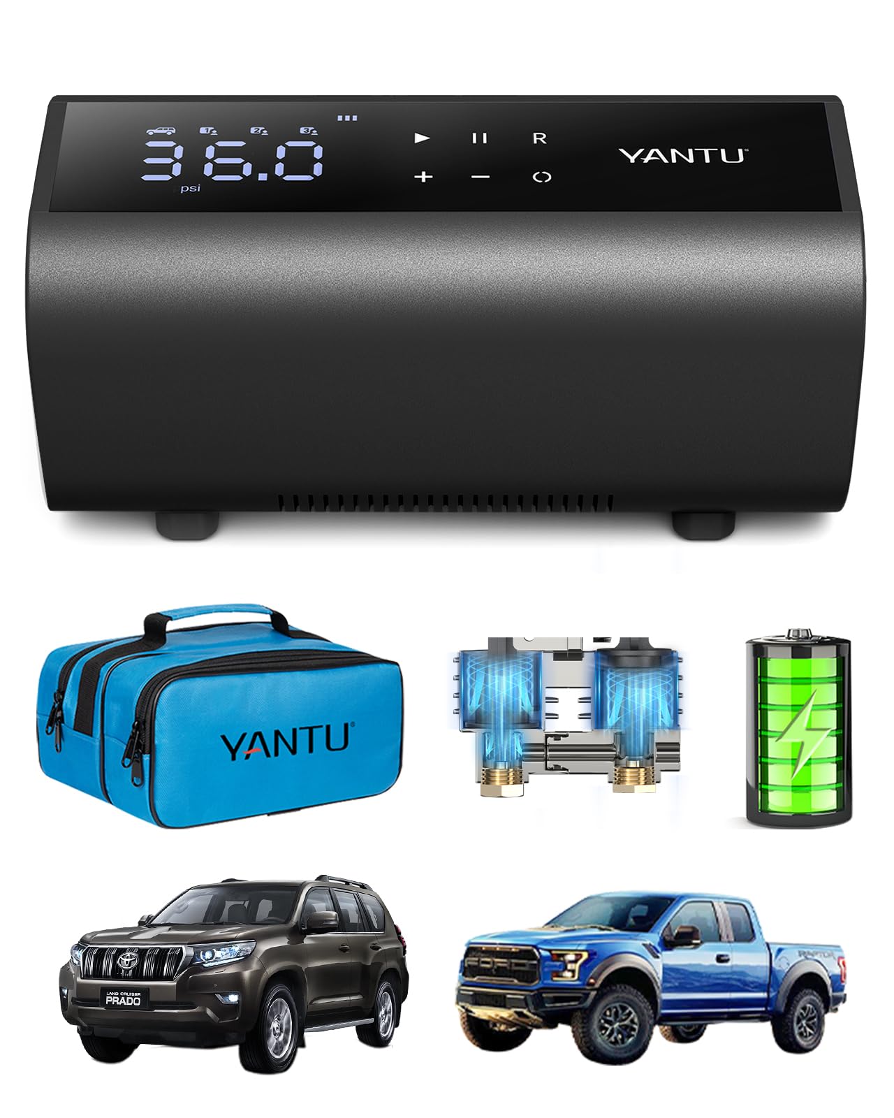 YANTU Dual Cylinder Tire Inflator Portable Air Compressor With 8.3-Inch Large Digital Screen,12V Cordless/battery powered Car Air Pump For Car Tires，Electric Auto Shut Off for Truck/Bike/Pickup/Moto