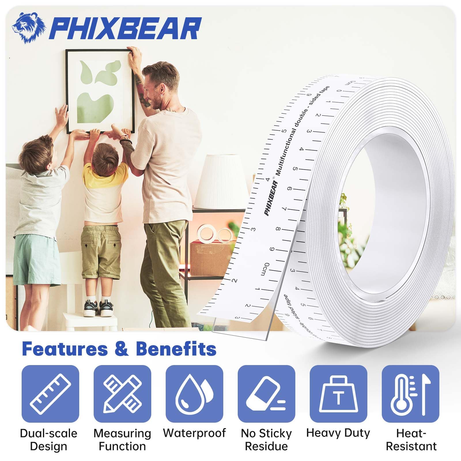 PHIXBEAR Double Sided Tape Heavy Duty, Heat Resistant and Removable, Clear Mounting Nano Tape with Measurement Guide (Printed Inch/cm Backing) Ideal for Home, Office, and Picture Hanging 1.18" x 9.85'