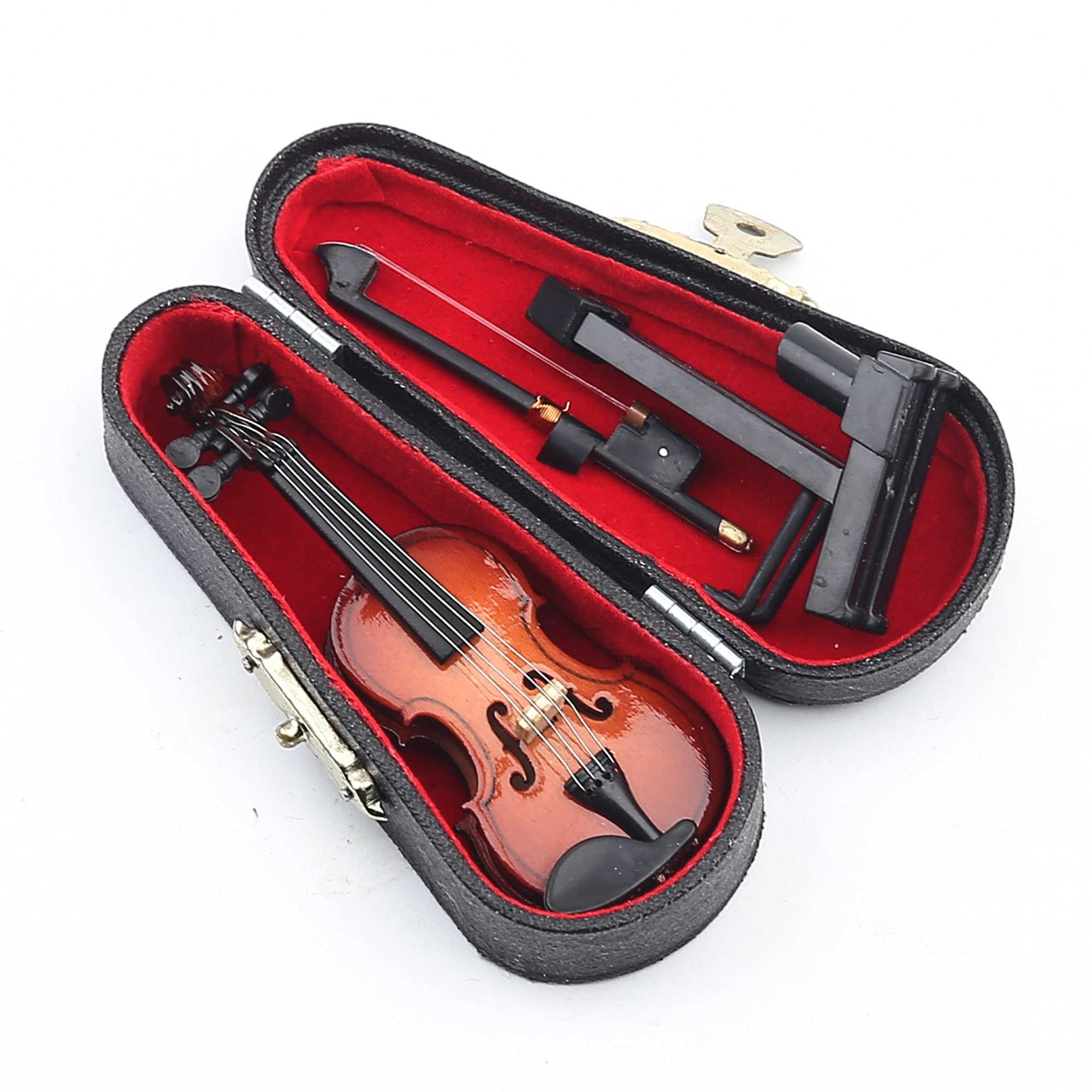 Dselvgvu Wooden Miniature Violin with Stand,Bow and Case Mini Musical Instrument Miniature Dollhouse Model Home Decoration (3.15"x1.18"x0.59")