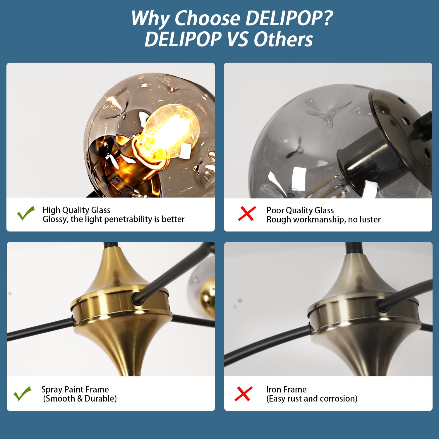 DELIPOP Glass Sputnik Chandelier, 6-Light Black and Gold with Smoke Gray Glass Lampshade Chandelier, E26 Mid Century Modern Pendant Light Fixture for Dining Room, Living Room, Kitchen