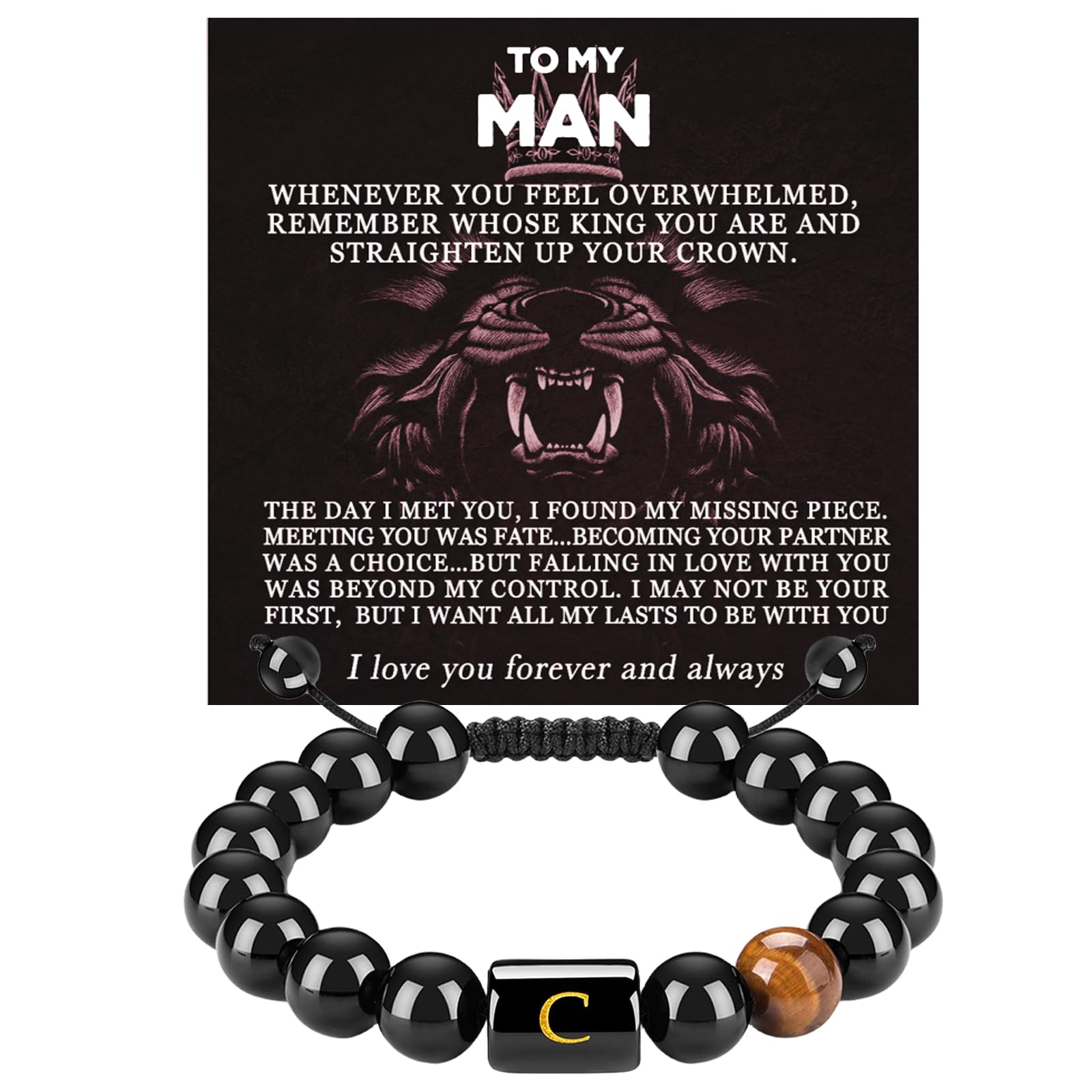FRG To My Men,Initials Bracelets for Men Letter Link Handmade Natural Black Onyx Tiger Eye Stone Beads Braided Rope Meaningful Bracelet for Boyfriend Husband Birthday Fathers Gifts(C)
