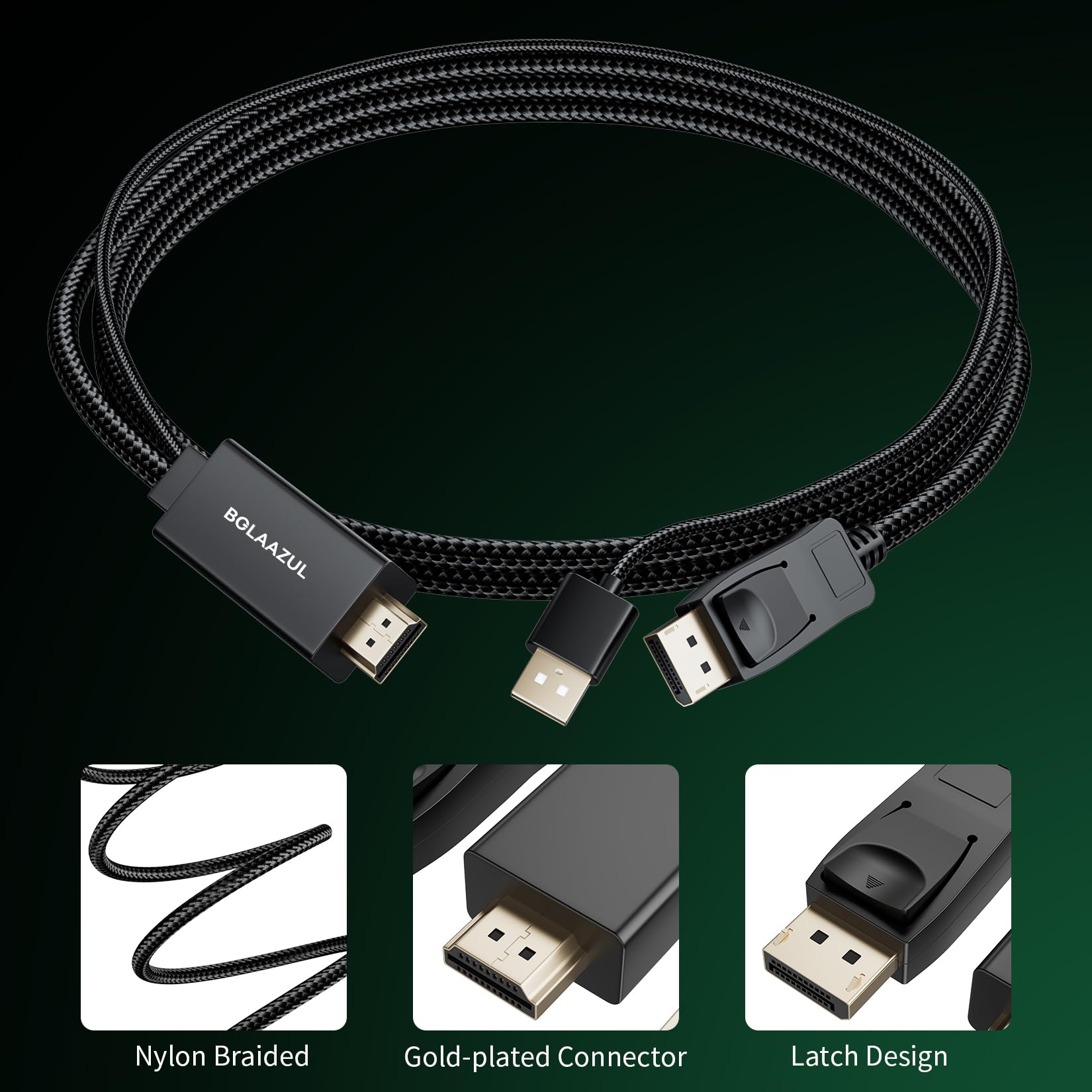 BolAAzuL HDMI to DisplayPort Cable 4K@60Hz Black, Unidirectional HDMI Source to Display Port Monitor Cable USB Powered, HDMI Male Input to DP Male Output Converter Adapter Cord for PS5, PS4 Pro