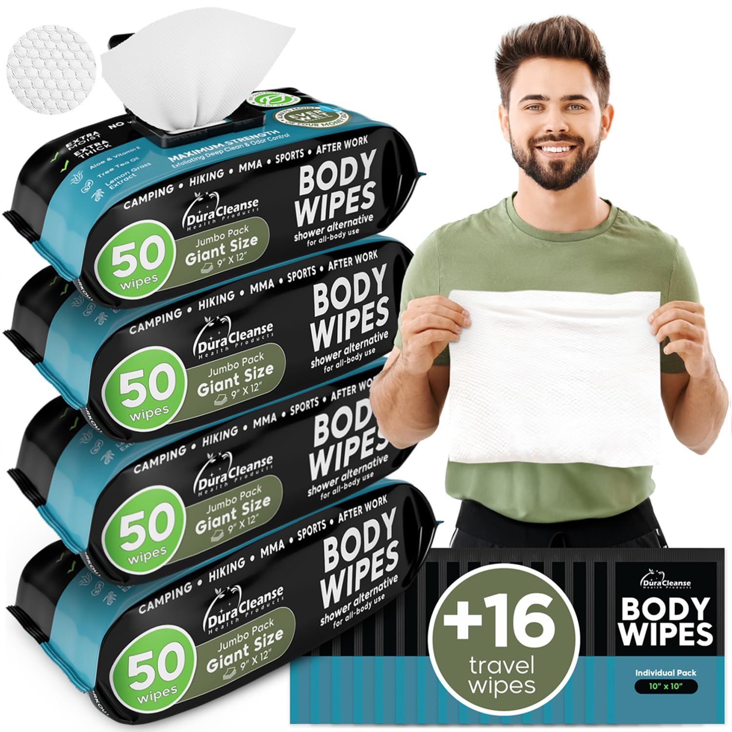 Body Wipes for Men (4pk) - 200 XL No Rinse Shower Wipes + 16 Travel Bath Wipes - 9"x12" After Gym Wipes - Mens Deodorant Wipes - Face Wipes for Men -For Camping Essentials, Survival Gear and Supplies