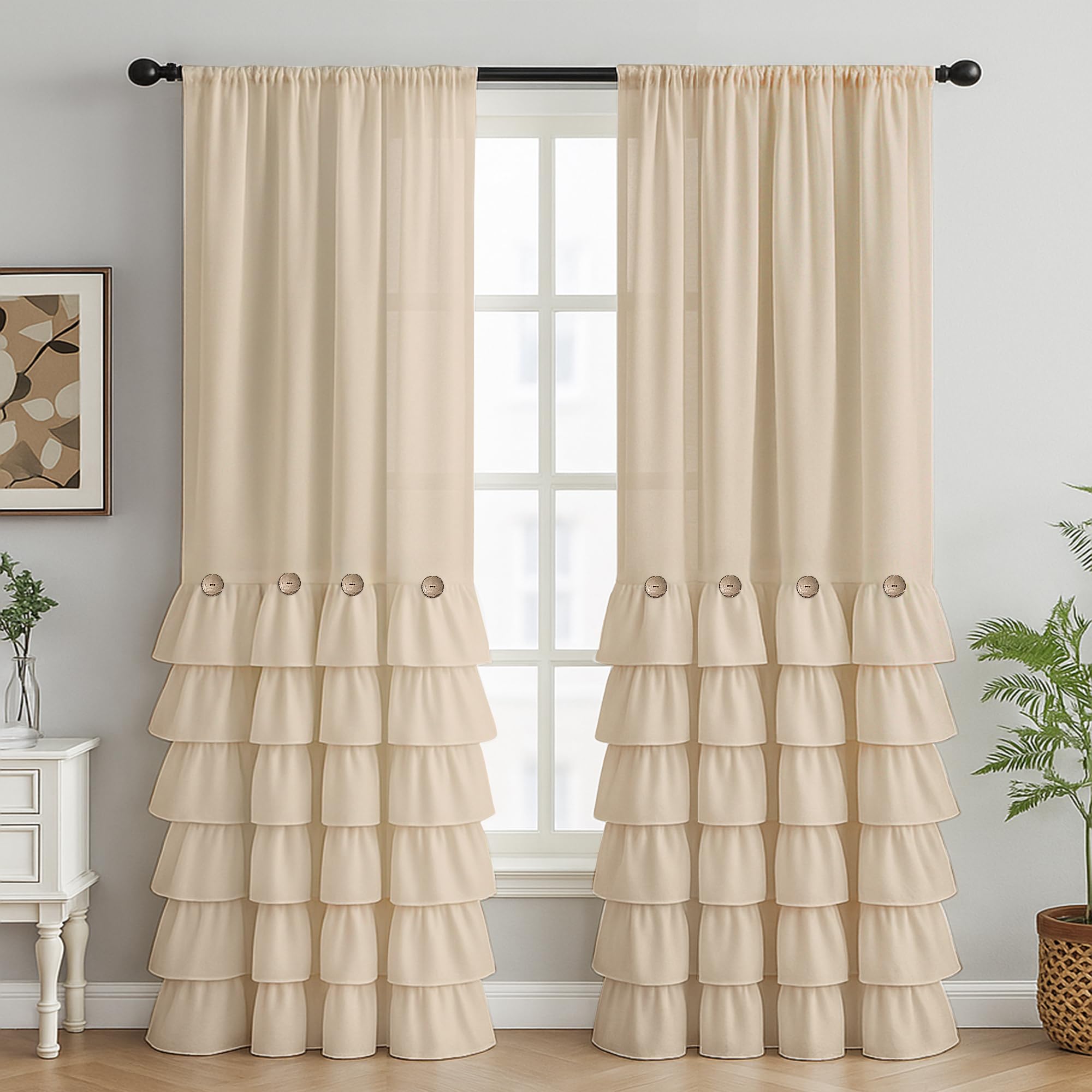 Seasonwood Farmhouse Curtains for Living Room 84 inch Curtains 2 Panels Ruffle Boho Curtain with Button Rustic Rod Pocket Drapes for Room Decor, Beige