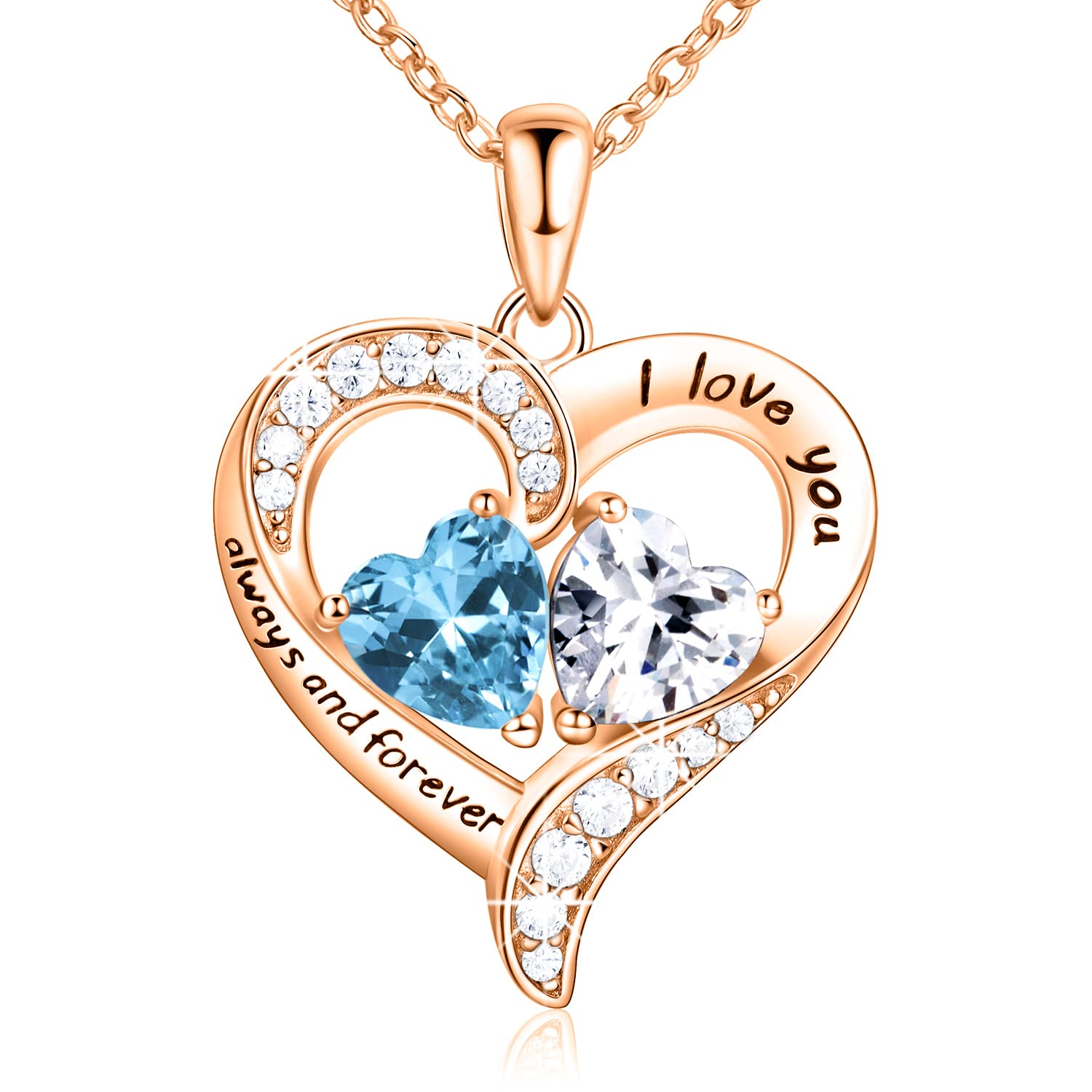 18K Rose Gold Heart Necklace, Birthstone Necklace Jewelry for Women with 2 Birthstones, Customized Gifts for Women Mom Wife Grandma Sister Friend, I Love You Always and Forever, Gold, Cubic Zirconia