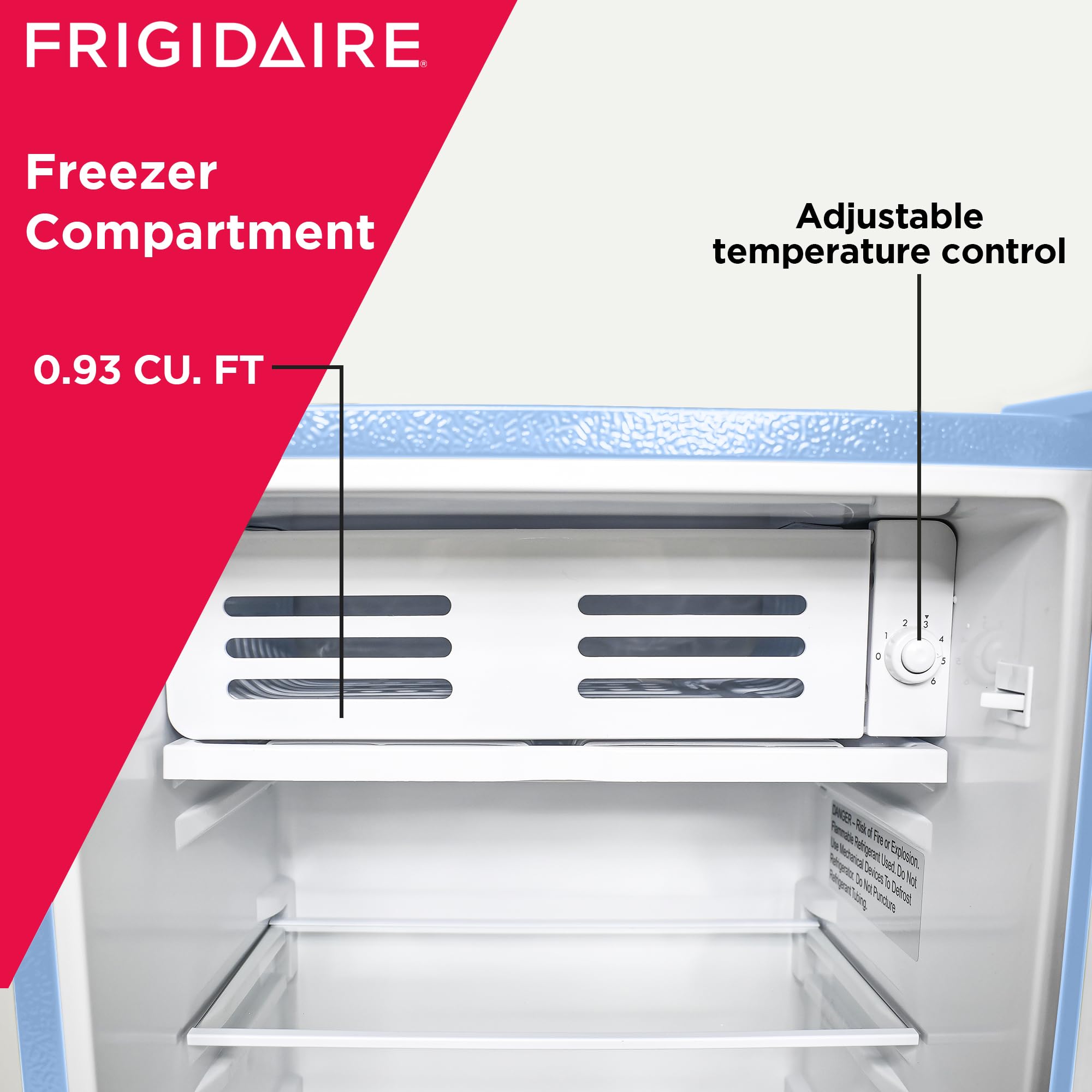 Frigidaire Retro Compact Fridge with Chiller, 3.2 cu ft Countertop Fridge with Built-In Bottle Opener, Compact Refrigerator for Office, Bedroom, Dorm Room or Cabin - 16.5"D x 19"W x 31"H (Blue)