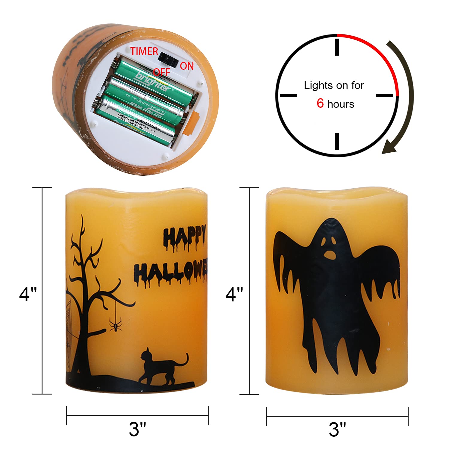 GenSwin Halloween Battery Flameless Candles with 6 Hour Timer, Real Wax Flickering LED Candles Set of 2 Ghost, Halloween Cat Decal for Halloween Home Decoration Gifts(3 x 4 Inch)