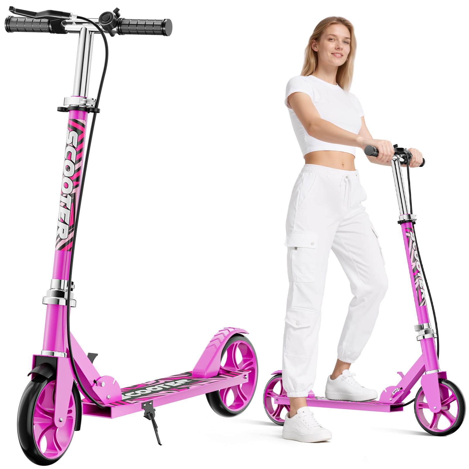 Scooters for Kids 8-12, Teens & Adults - Lightweight, Foldable, 8-Inch Big Wheels, Hand Brake & Bell, 4 Adjustable Height Levels, 240 lbs Max Load, Perfect for School, Campus and Park Rides, Pink