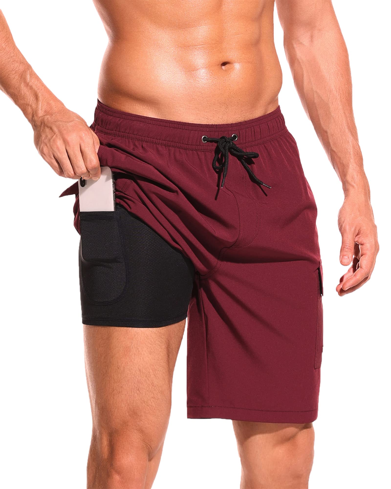 SILKWORLD Mens Swimming Trunks Compression Lined Swim Shorts 2 in 1 Bathing suits with Cargo Pockets (Wine Red, Small)