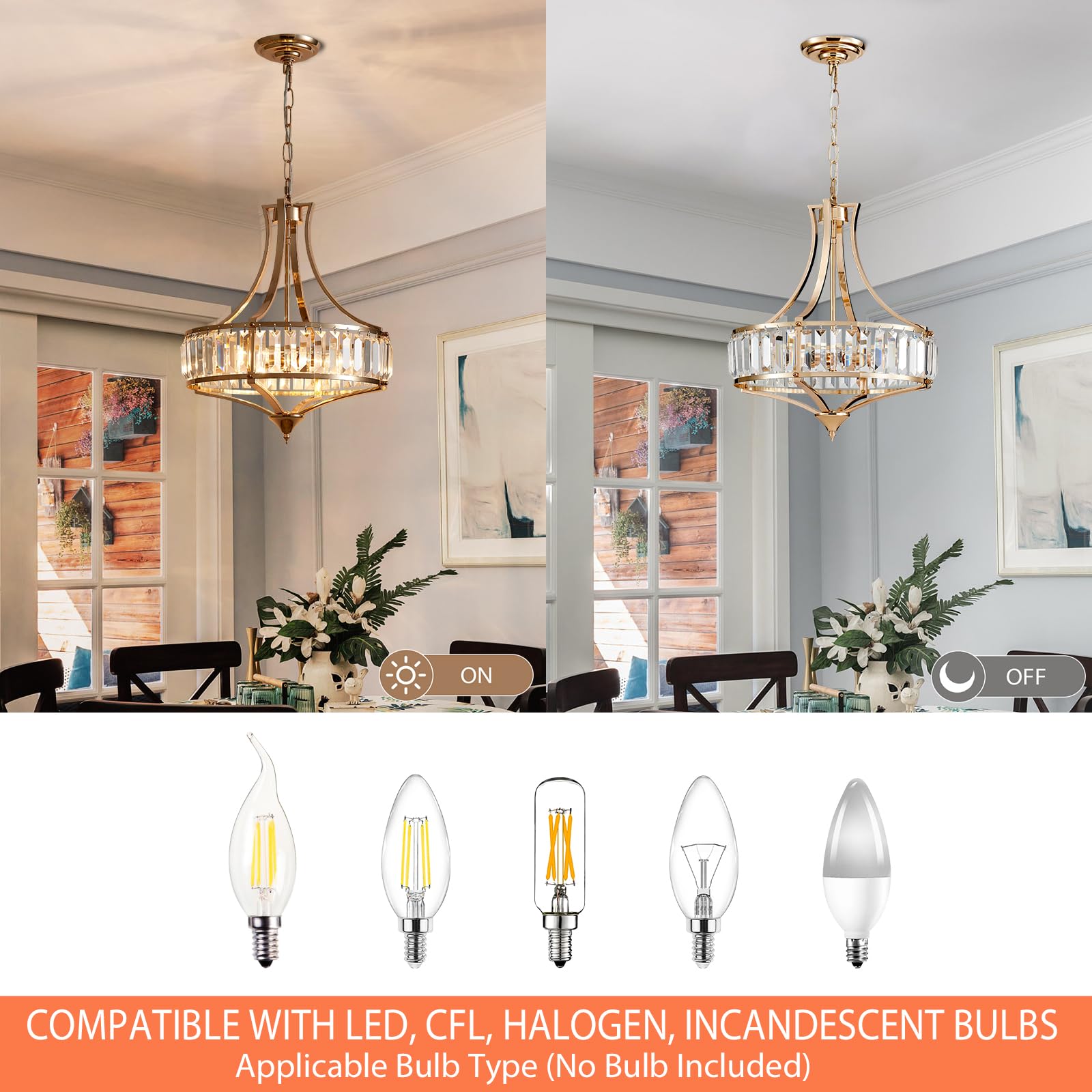 Majhoiw Chandeliers for Dining Room Modern Farmhouse Chandelier, 4-Light Crystal Chandeliers, Rustic Chandelier with Round Metal Lampshade, Perfect for Hallway Bedroom Foyer, Brush French Glod