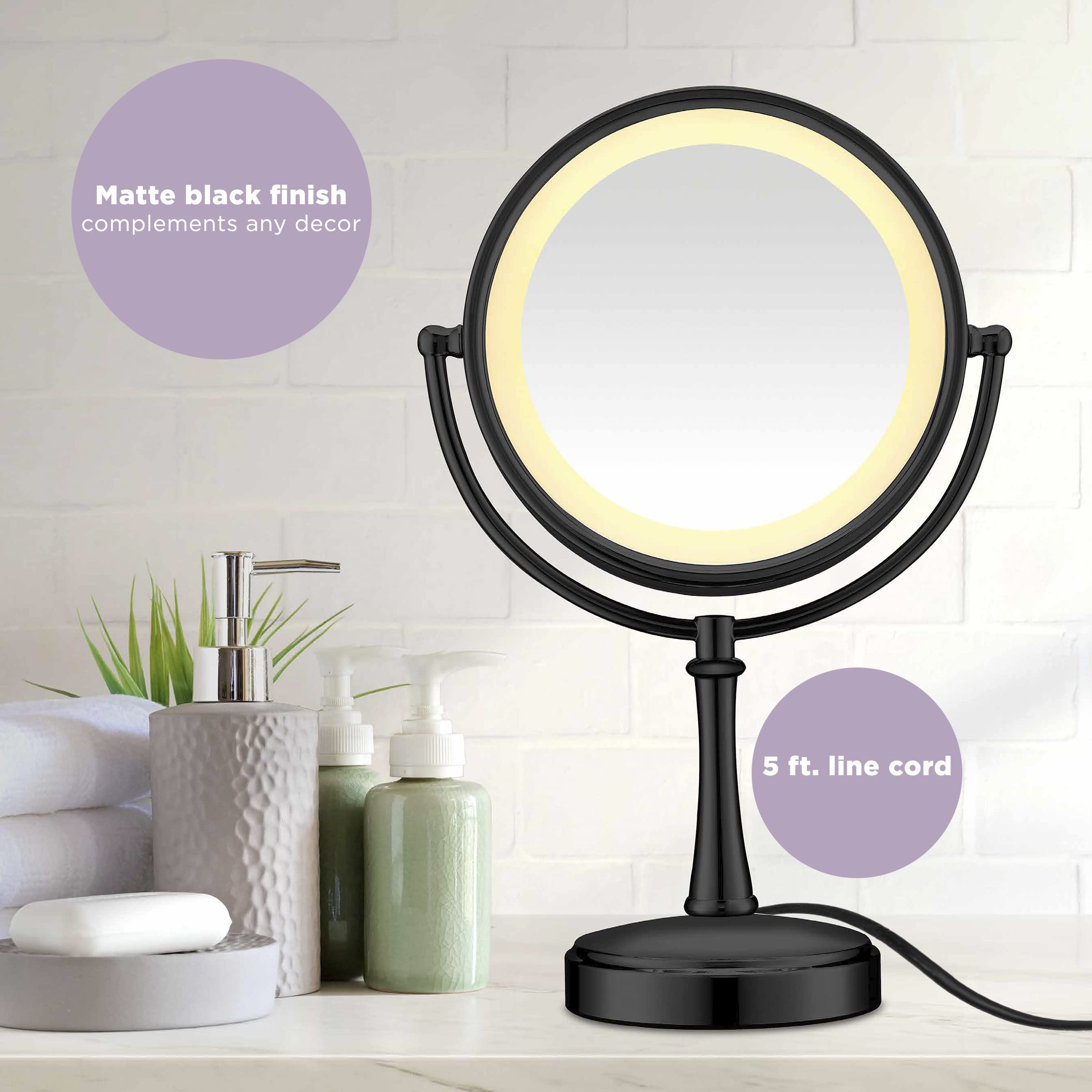 Conair Tabletop Mount Reflections Double-sided Incandescent Lighted Vanity Makeup Mirror, 1x/7x magnification, Matte Black finish