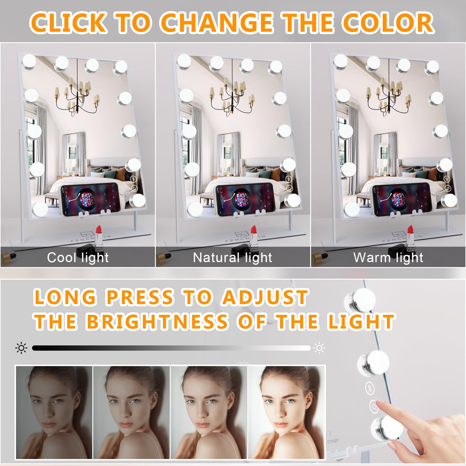 FENCHILIN White Vanity Mirror with Lights Wireless Charger and Speaker Hollywood Makeup Mirror with 12 Dimmable Bulbs 3 Color for Glam Room Bedroom Detachable 10X Magnification