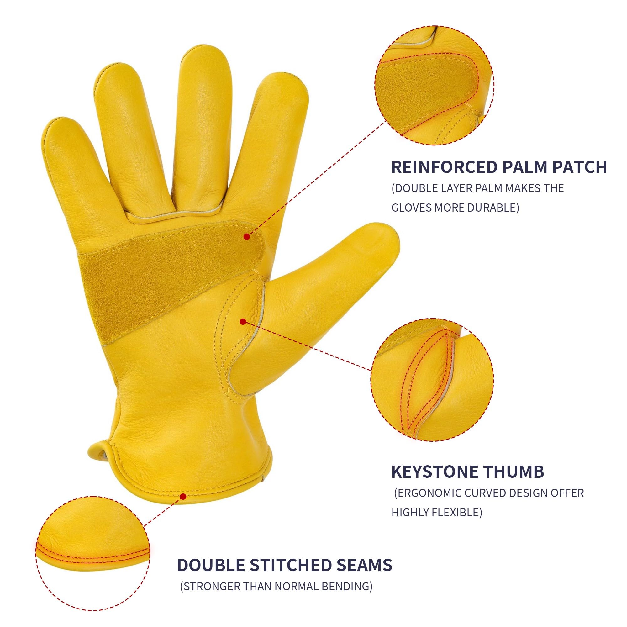 DULFINE Cow Leather Work Gloves for Men & Women, Reinforced Durable Palm Gardening Gloves,Puncture & Cut Resistant, Ideal for Construction Yardworks DIY