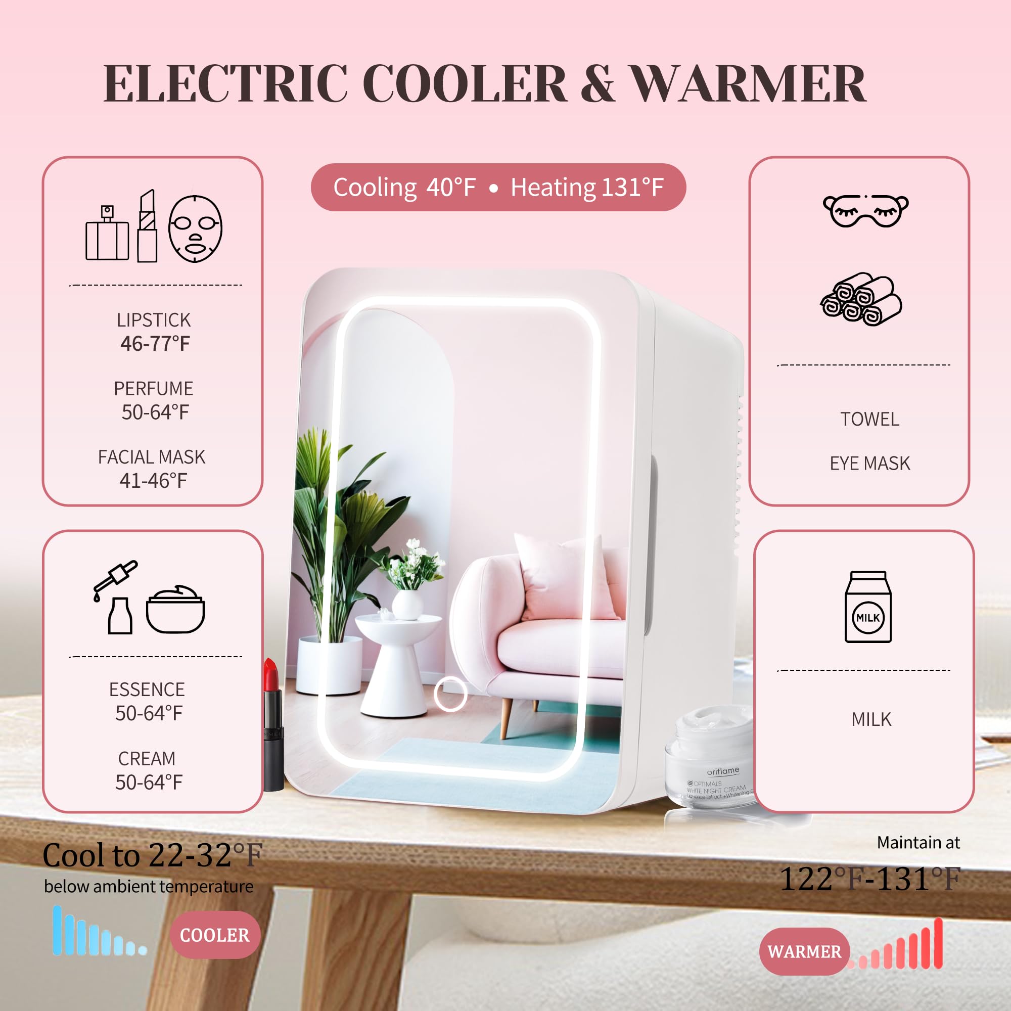 Mini Fridge for Bedroom 6L/8 Cans Skincare Fridge with LED Miroor Portable Cooler & Warmer 110V AC/12V DC Compact Small Refrigerator for Skin Care Cosmetic Beverages Drinks, Office Dorm and Car, White