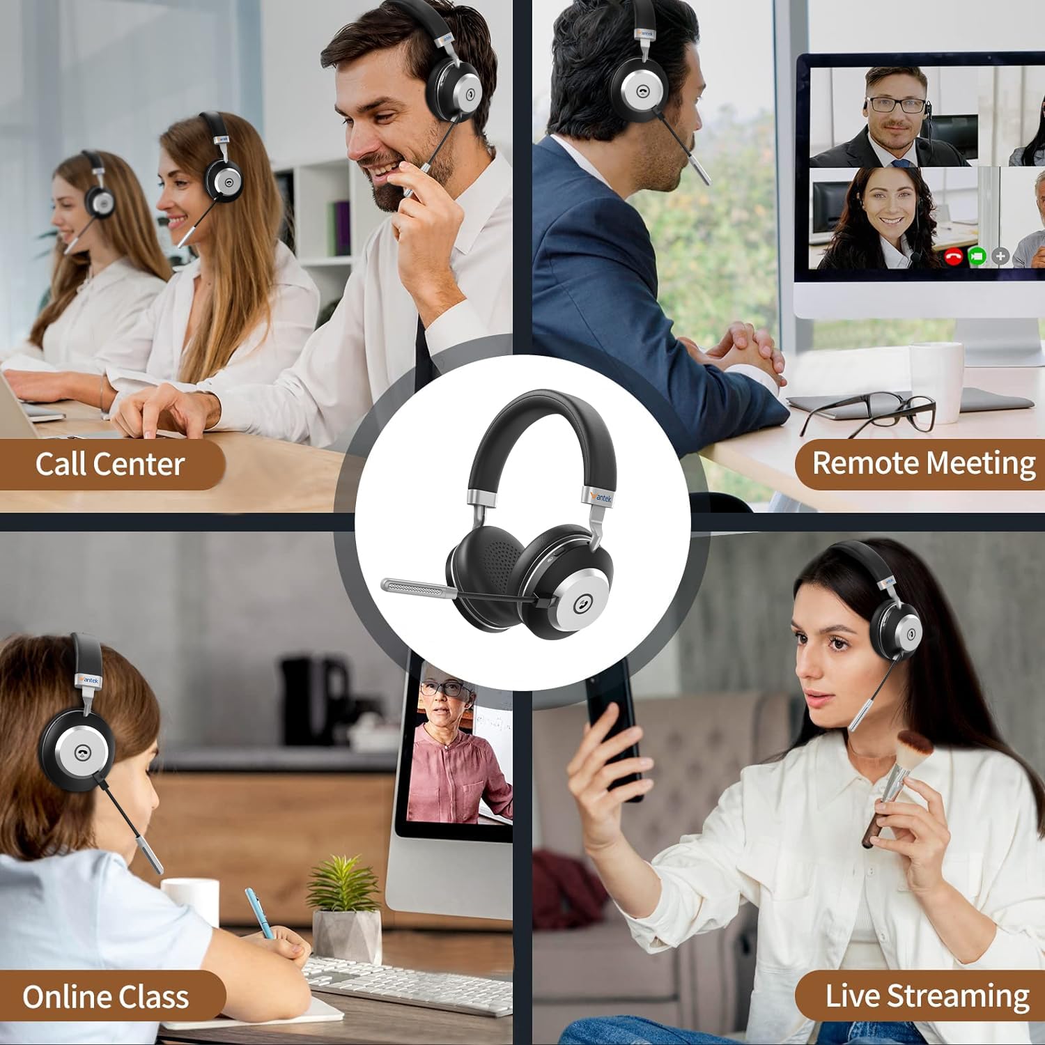 Wantek Wireless Headset with AI Noise Cancelling Microphone Bluetooth Headset - Bluetooth V5.2 Headphones with USB Dongle